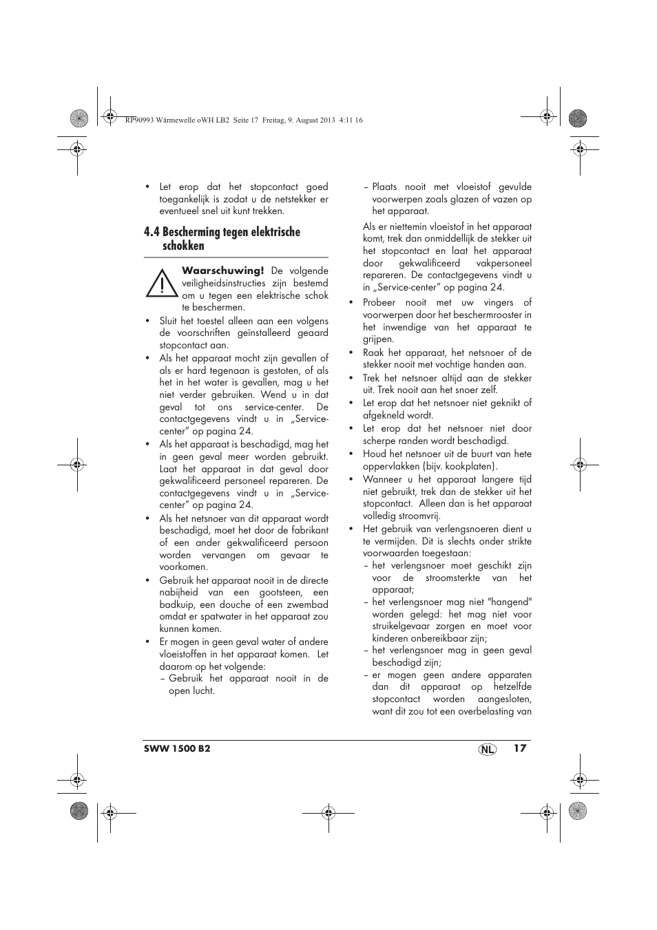 4 bescherming tegen elektrische schokken | Silvercrest SWW 1500 B2 User Manual | Page 19 / 50