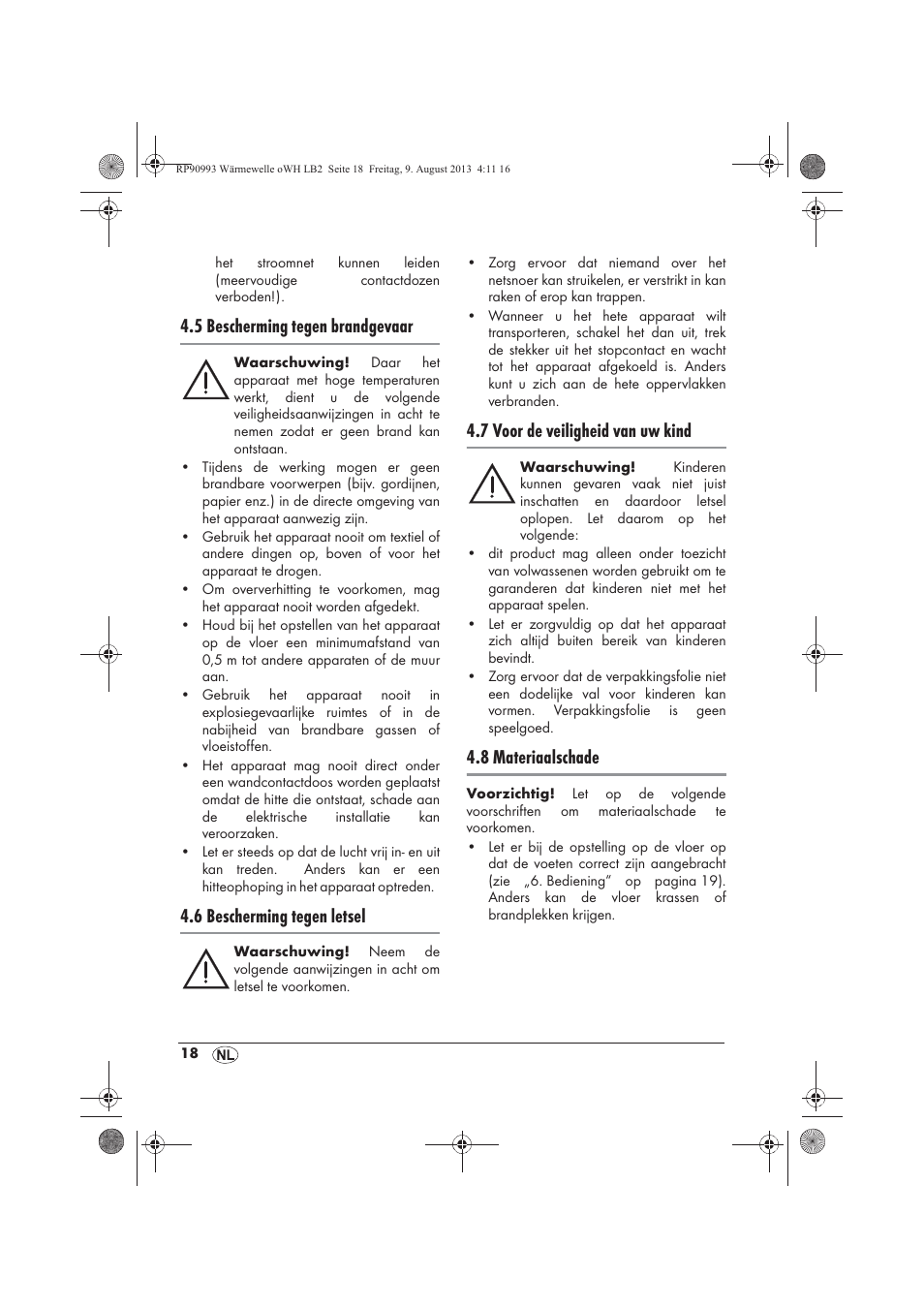 5 bescherming tegen brandgevaar, 6 bescherming tegen letsel, 7 voor de veiligheid van uw kind | 8 materiaalschade | Silvercrest SWW 1500 B2 User Manual | Page 20 / 50
