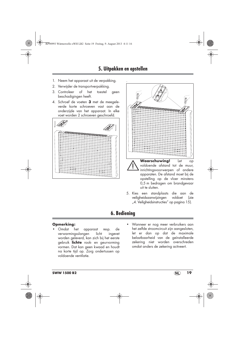 Uitpakken en opstellen, Bediening | Silvercrest SWW 1500 B2 User Manual | Page 21 / 50