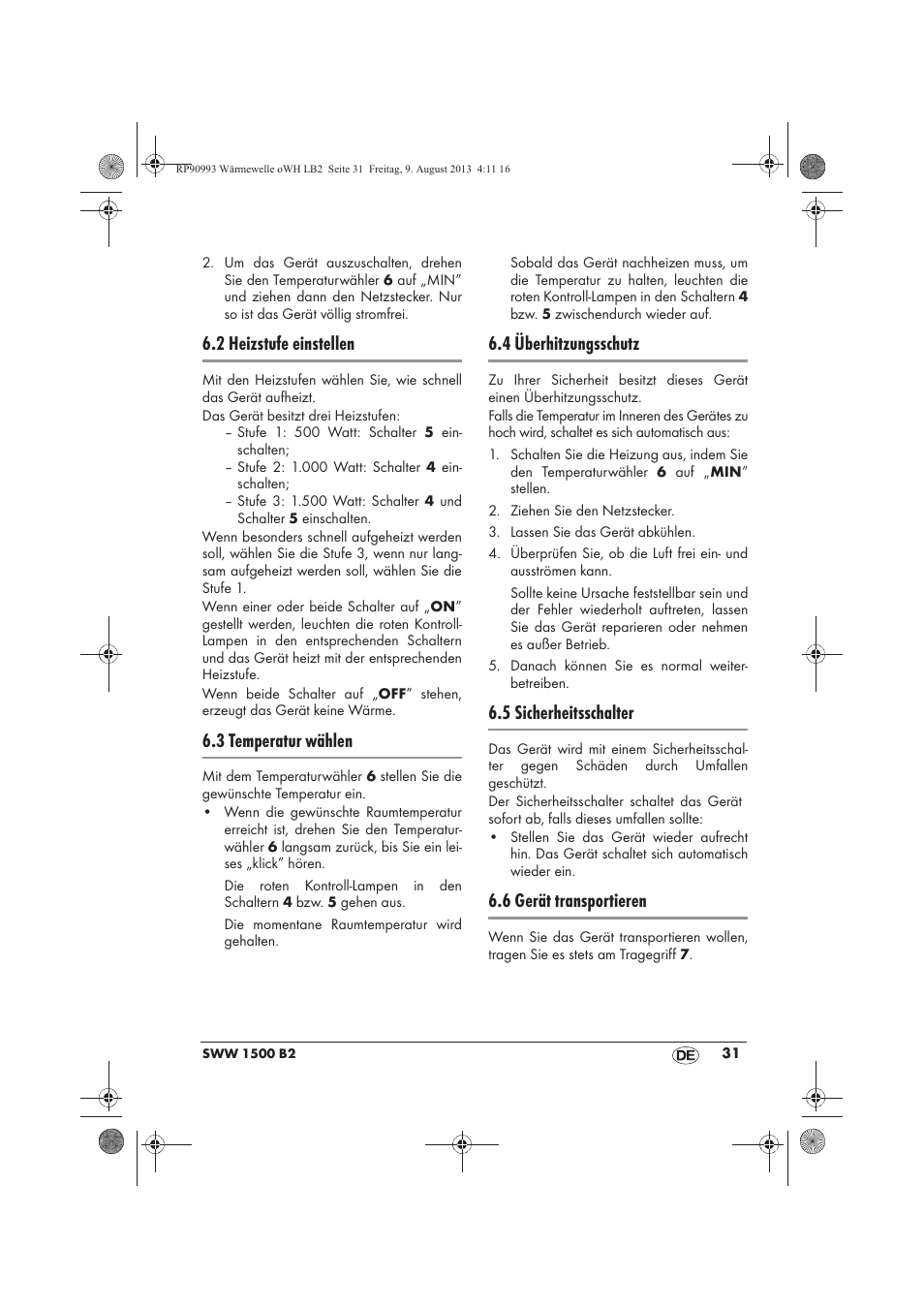 2 heizstufe einstellen, 3 temperatur wählen, 4 überhitzungsschutz | 5 sicherheitsschalter, 6 gerät transportieren | Silvercrest SWW 1500 B2 User Manual | Page 33 / 50