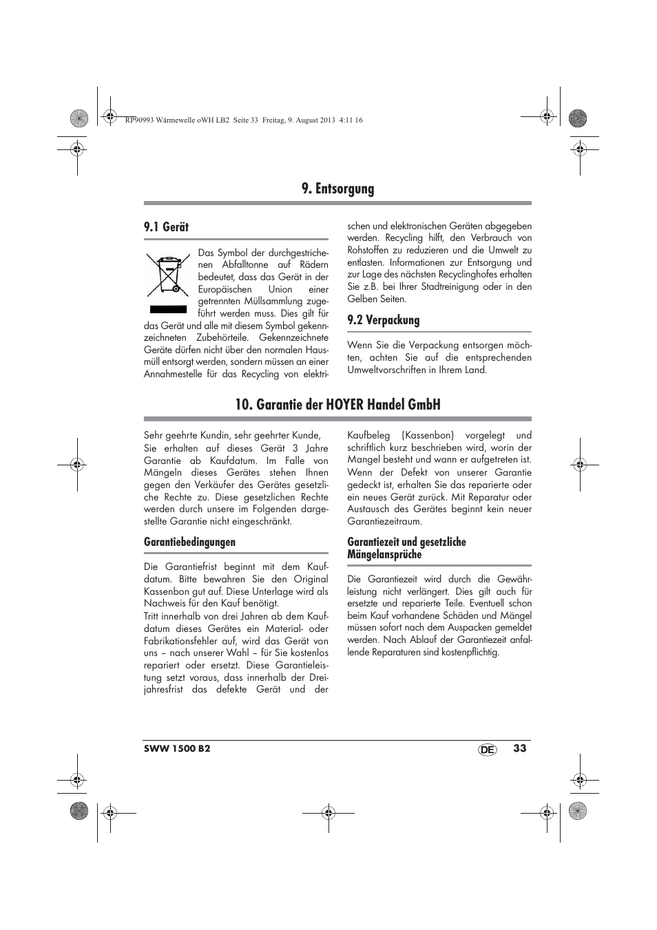 Entsorgung, Garantie der hoyer handel gmbh | Silvercrest SWW 1500 B2 User Manual | Page 35 / 50