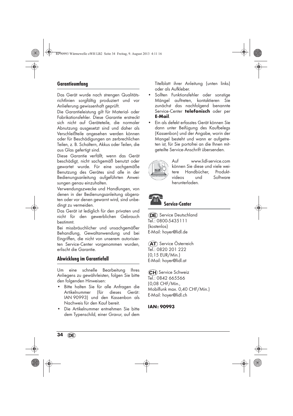 Garantieumfang, Abwicklung im garantiefall, Service-center | Silvercrest SWW 1500 B2 User Manual | Page 36 / 50