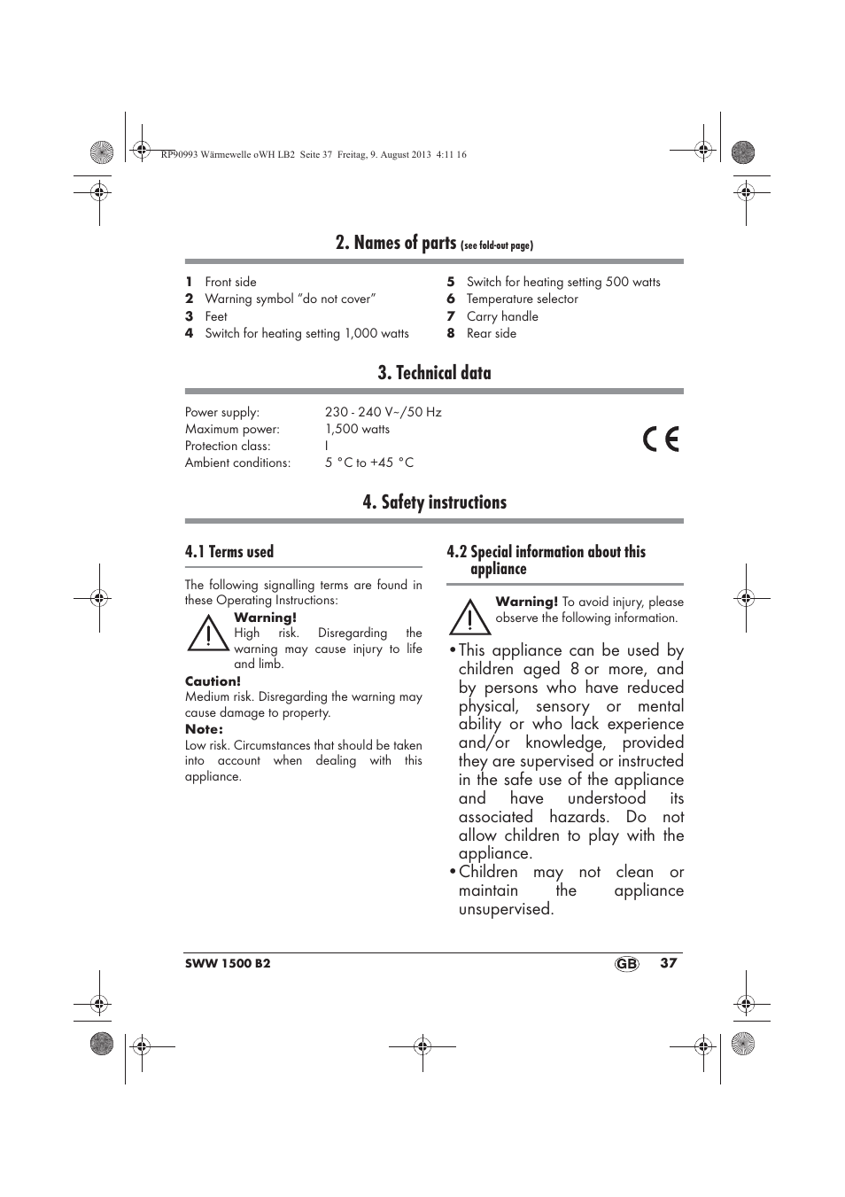 Names of parts, Technical data, Safety instructions | Silvercrest SWW 1500 B2 User Manual | Page 39 / 50