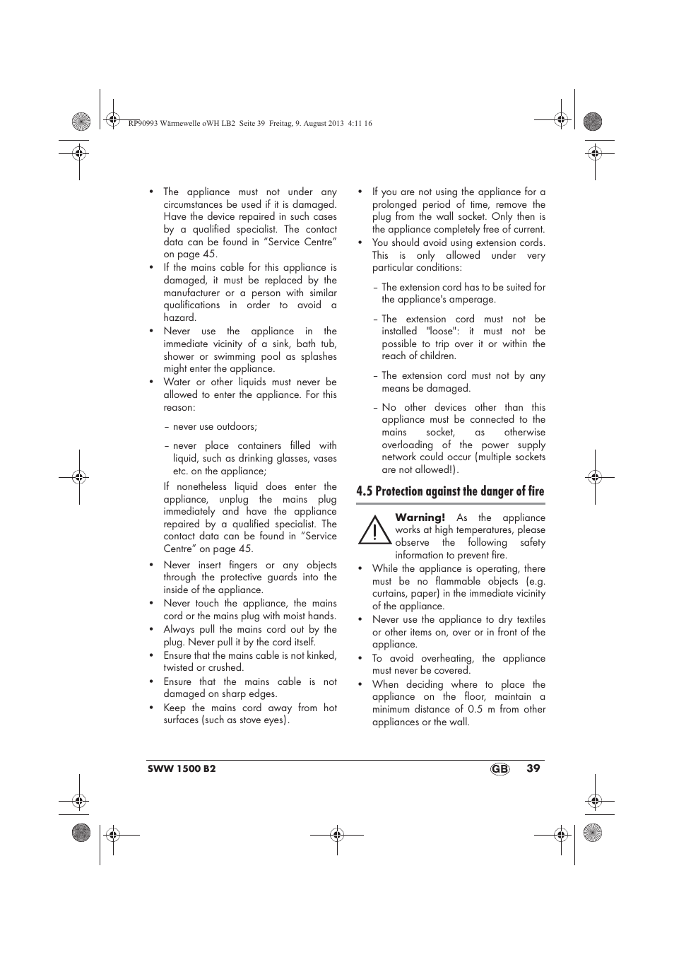 5 protection against the danger of fire | Silvercrest SWW 1500 B2 User Manual | Page 41 / 50