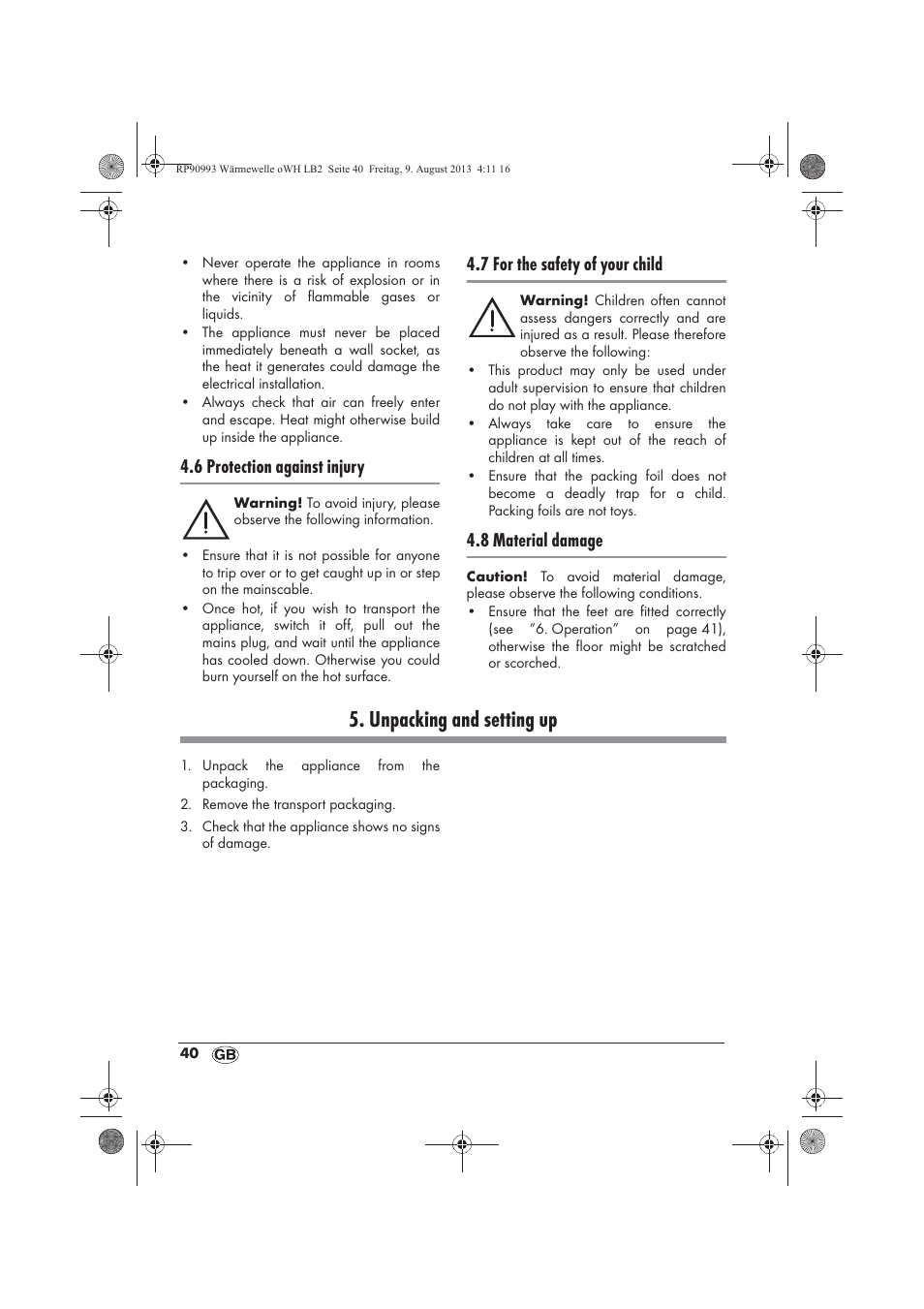 Unpacking and setting up, 6 protection against injury, 7 for the safety of your child | 8 material damage | Silvercrest SWW 1500 B2 User Manual | Page 42 / 50