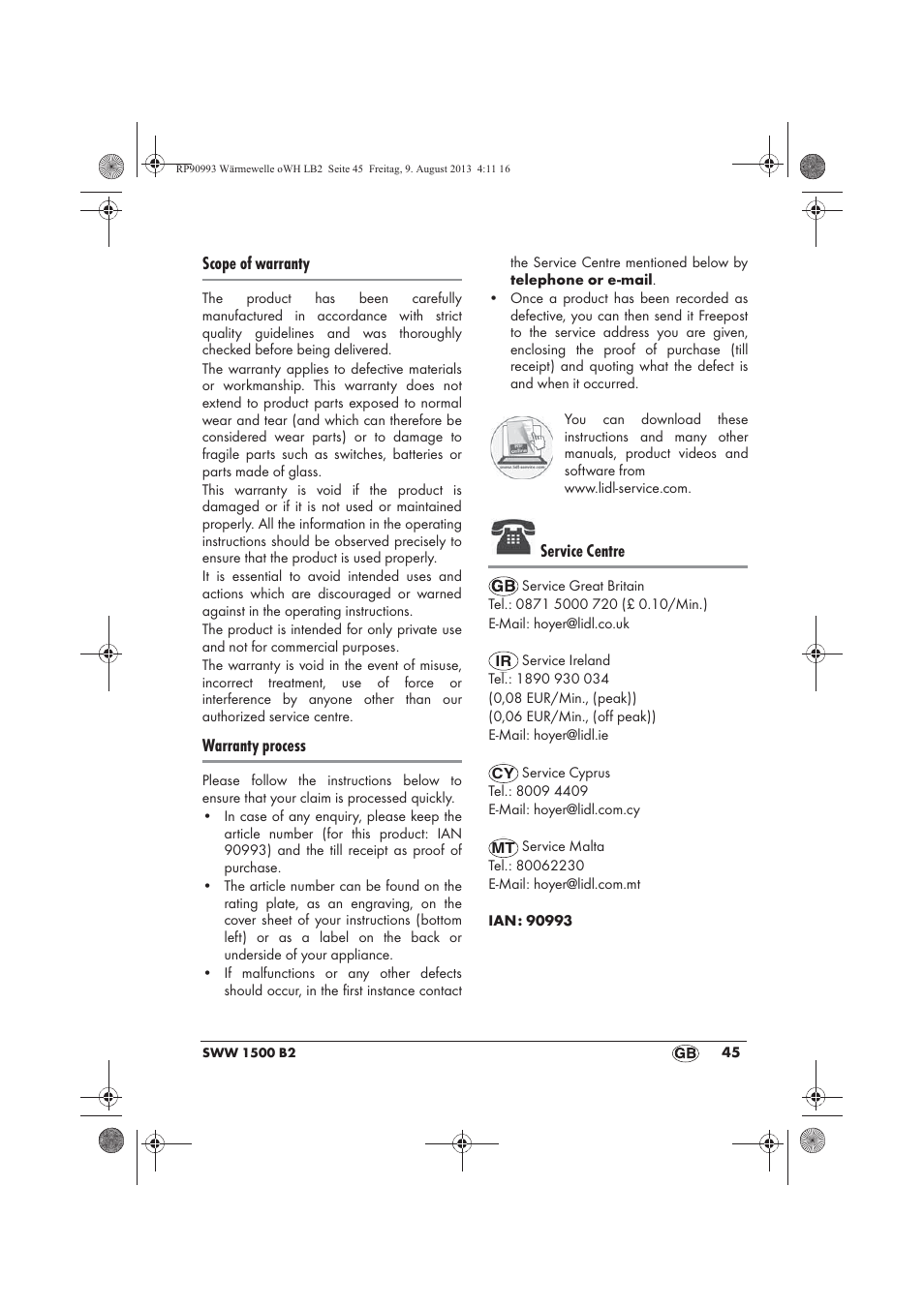 Scope of warranty, Warranty process, Service centre | Silvercrest SWW 1500 B2 User Manual | Page 47 / 50