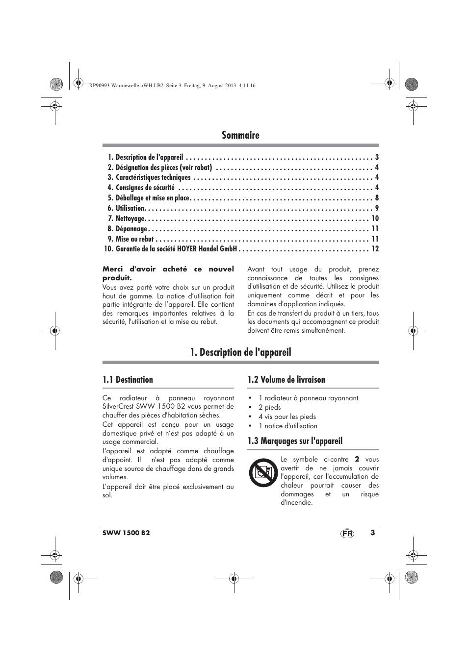 Sommaire, Description de l'appareil | Silvercrest SWW 1500 B2 User Manual | Page 5 / 50