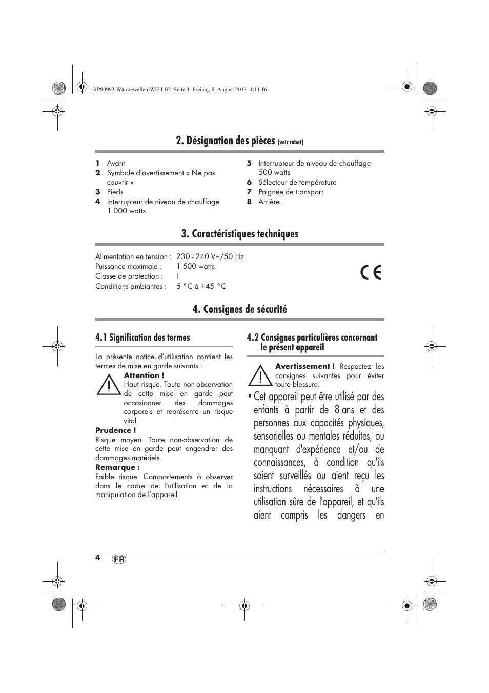 Désignation des pièces, Caractéristiques techniques, Consignes de sécurité | Silvercrest SWW 1500 B2 User Manual | Page 6 / 50