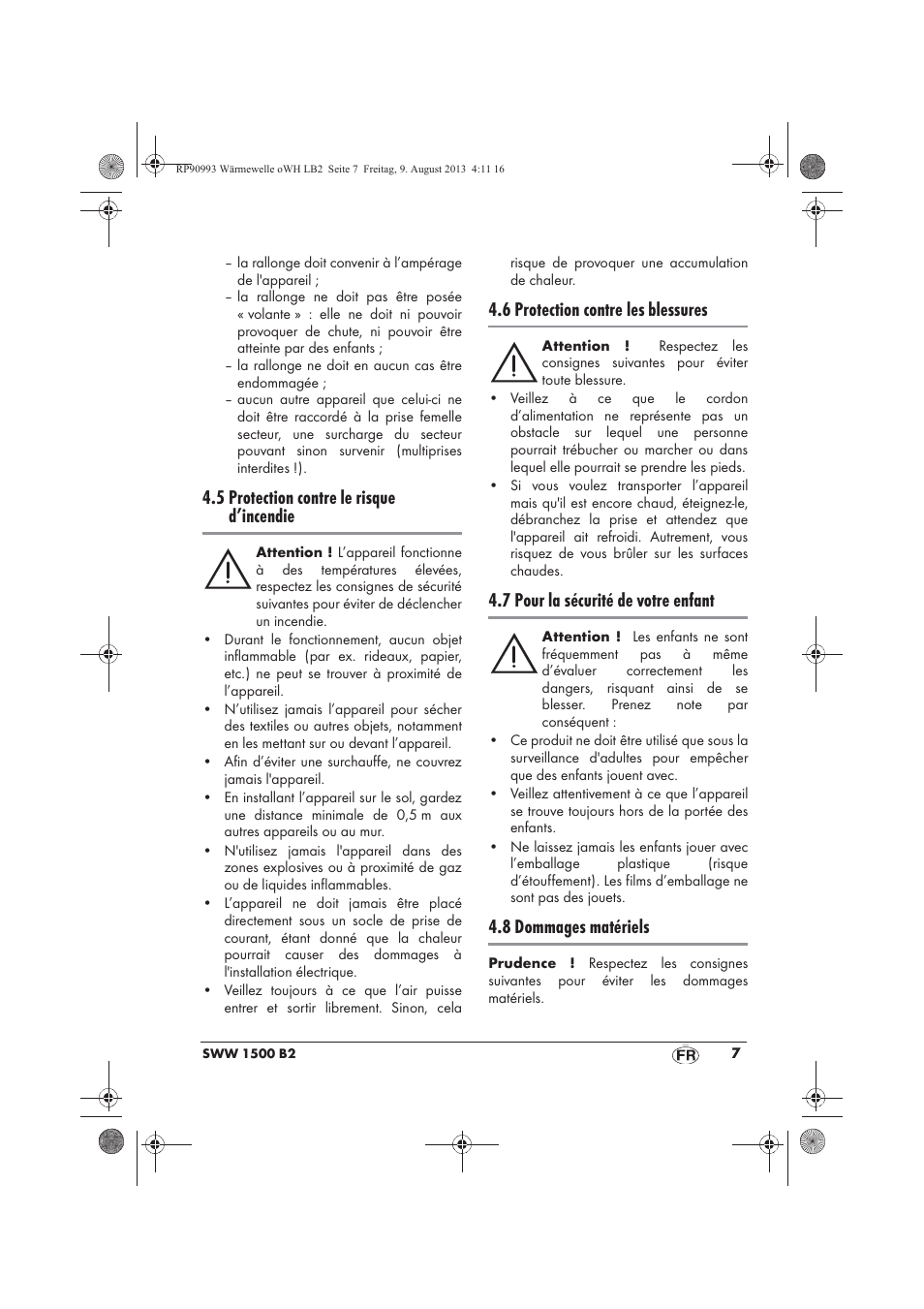 5 protection contre le risque d’incendie, 6 protection contre les blessures, 7 pour la sécurité de votre enfant | 8 dommages matériels | Silvercrest SWW 1500 B2 User Manual | Page 9 / 50