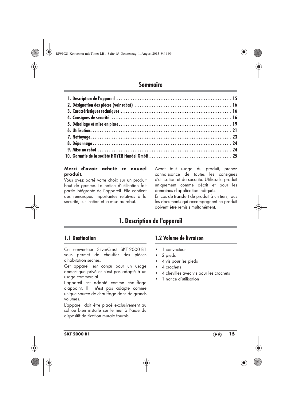 Sommaire, Description de l'appareil | Silvercrest SKT 2000 B1 User Manual | Page 17 / 62