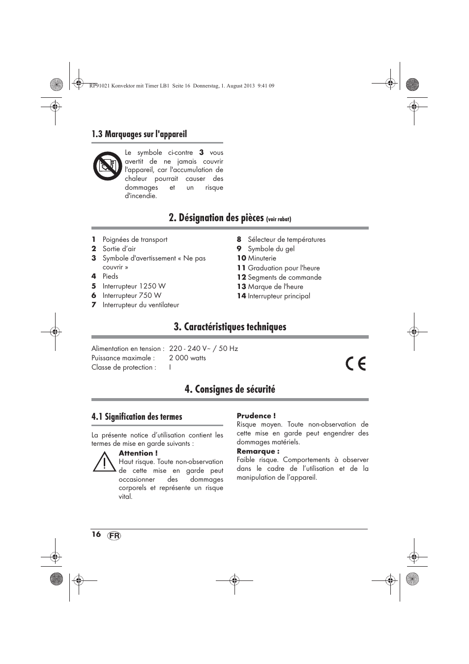 Désignation des pièces, Caractéristiques techniques, Consignes de sécurité | 3 marquages sur l'appareil, 1 signification des termes | Silvercrest SKT 2000 B1 User Manual | Page 18 / 62