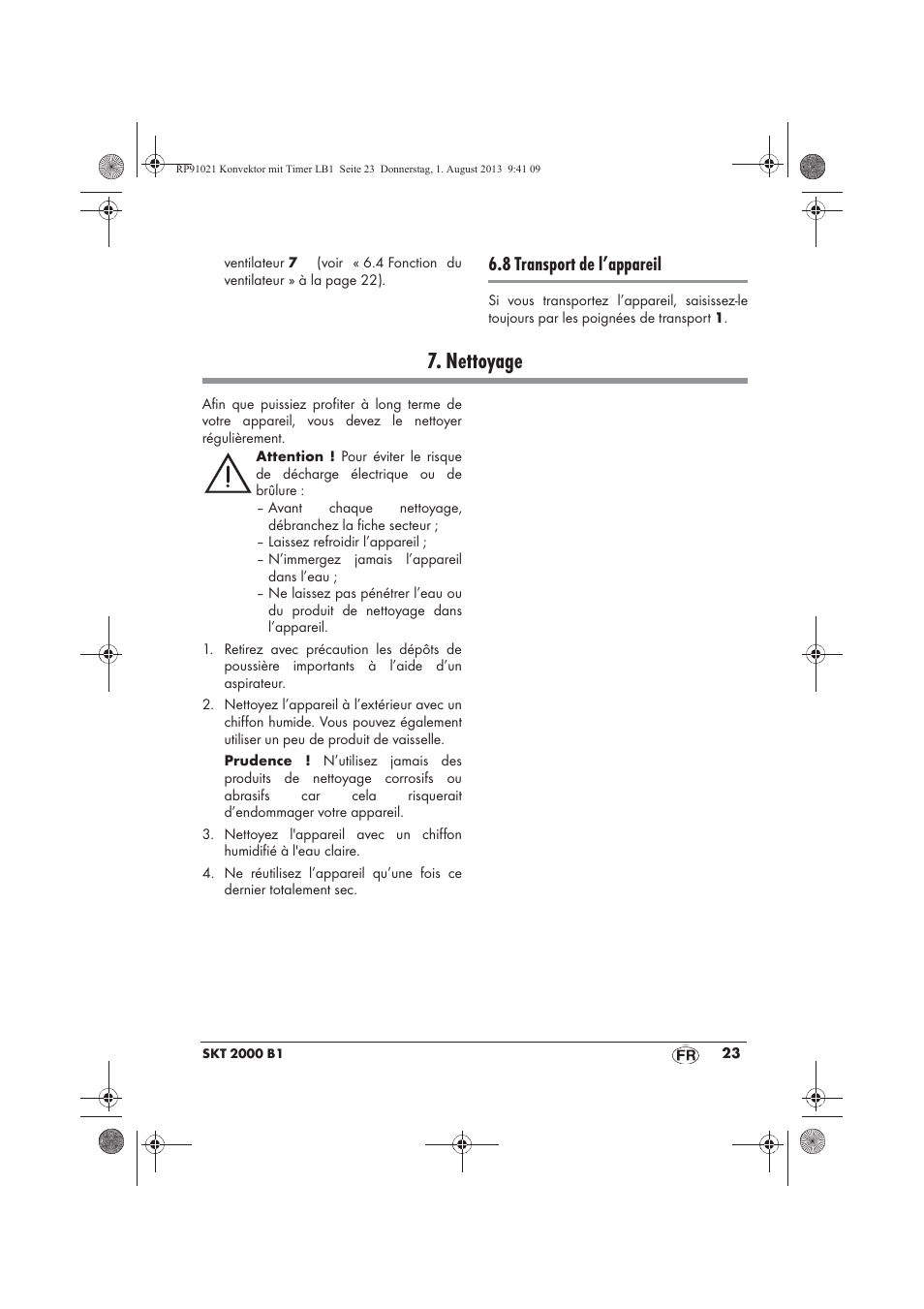 Nettoyage, 8 transport de l’appareil | Silvercrest SKT 2000 B1 User Manual | Page 25 / 62