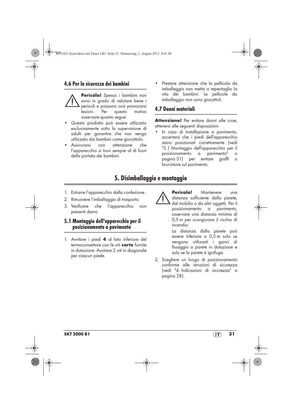 Disimballaggio e montaggio, 6 per la sicurezza dei bambini, 7 danni materiali | Silvercrest SKT 2000 B1 User Manual | Page 33 / 62