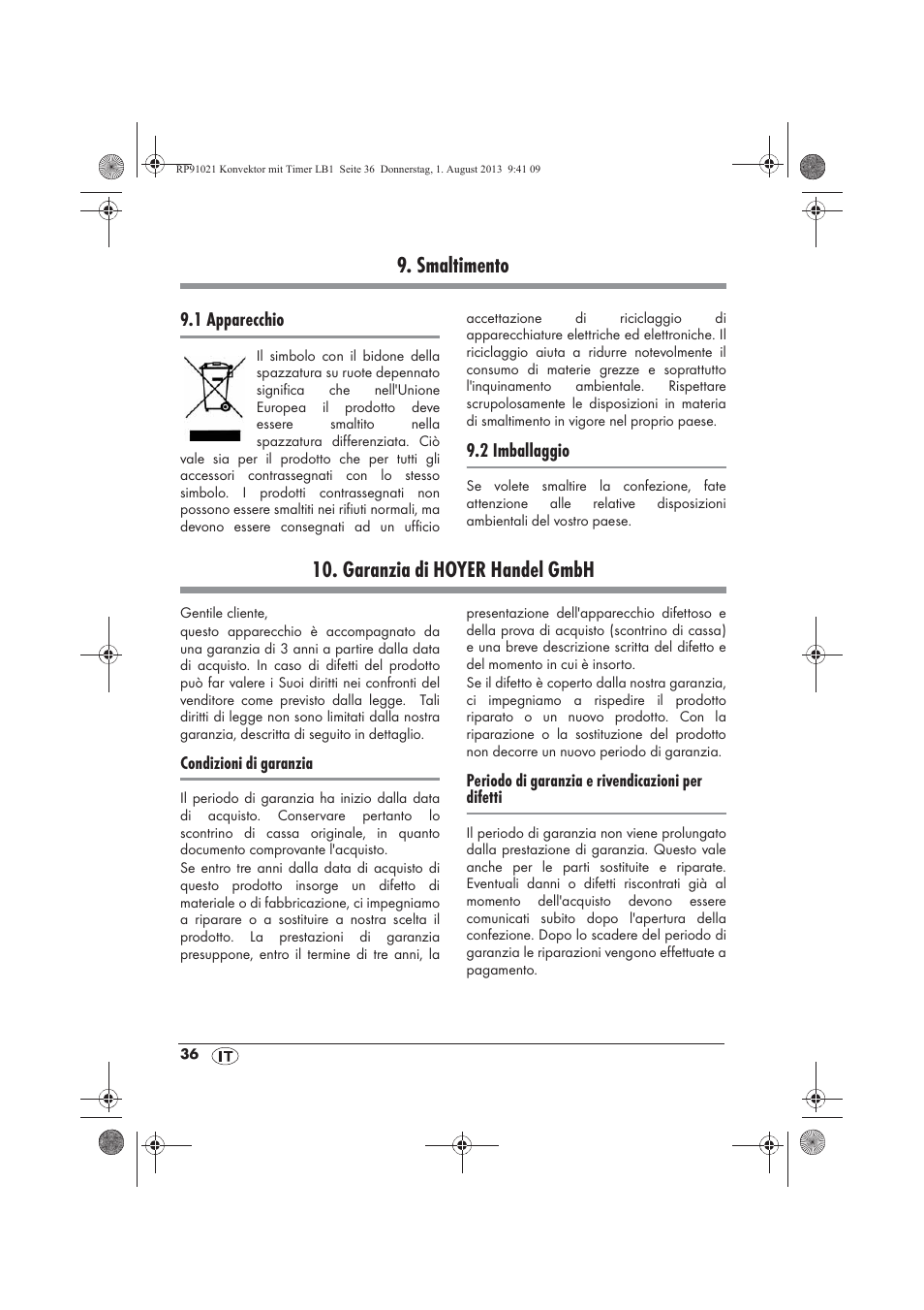 Smaltimento, Garanzia di hoyer handel gmbh | Silvercrest SKT 2000 B1 User Manual | Page 38 / 62