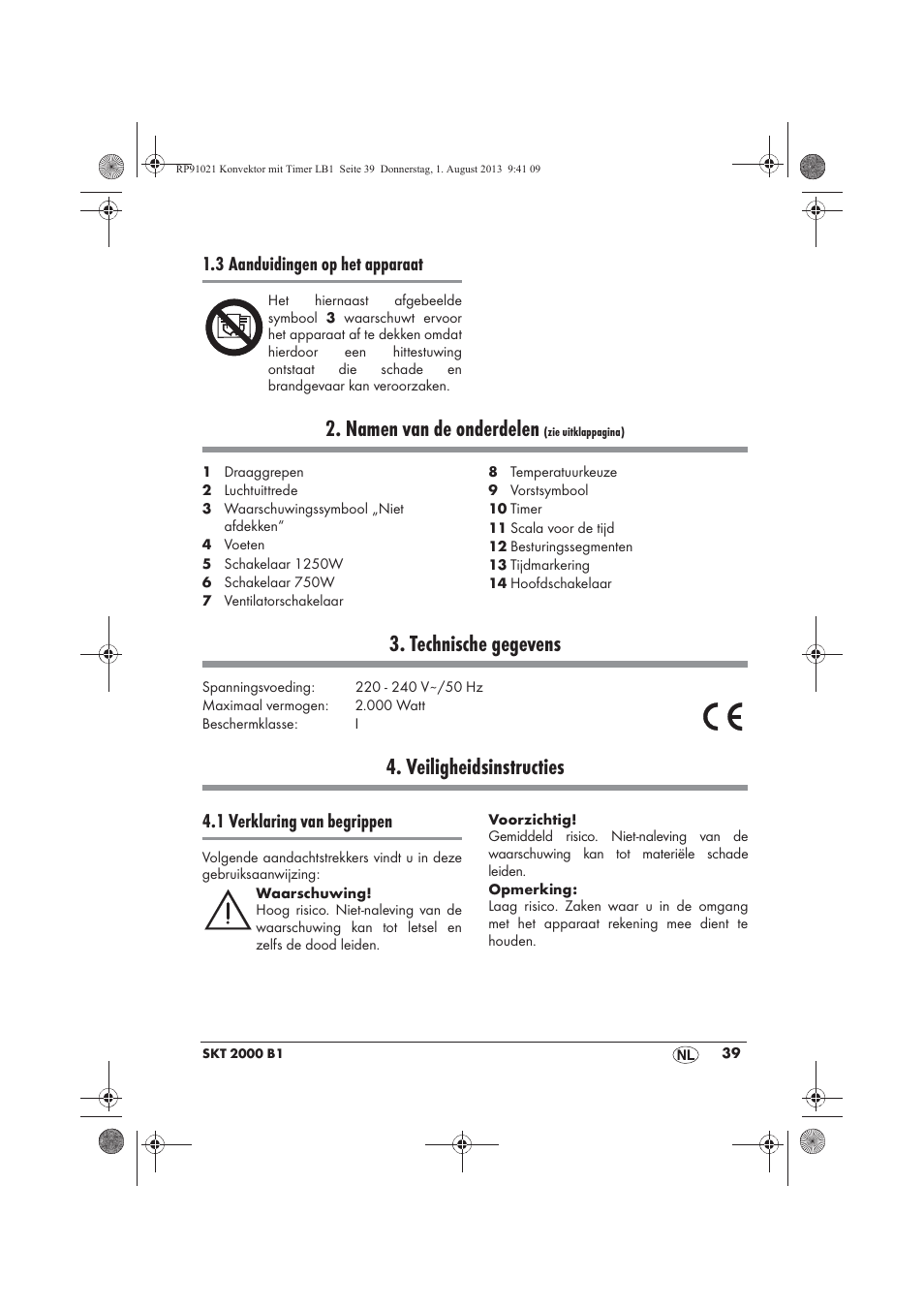 Namen van de onderdelen, Technische gegevens, Veiligheidsinstructies | 3 aanduidingen op het apparaat, 1 verklaring van begrippen | Silvercrest SKT 2000 B1 User Manual | Page 41 / 62