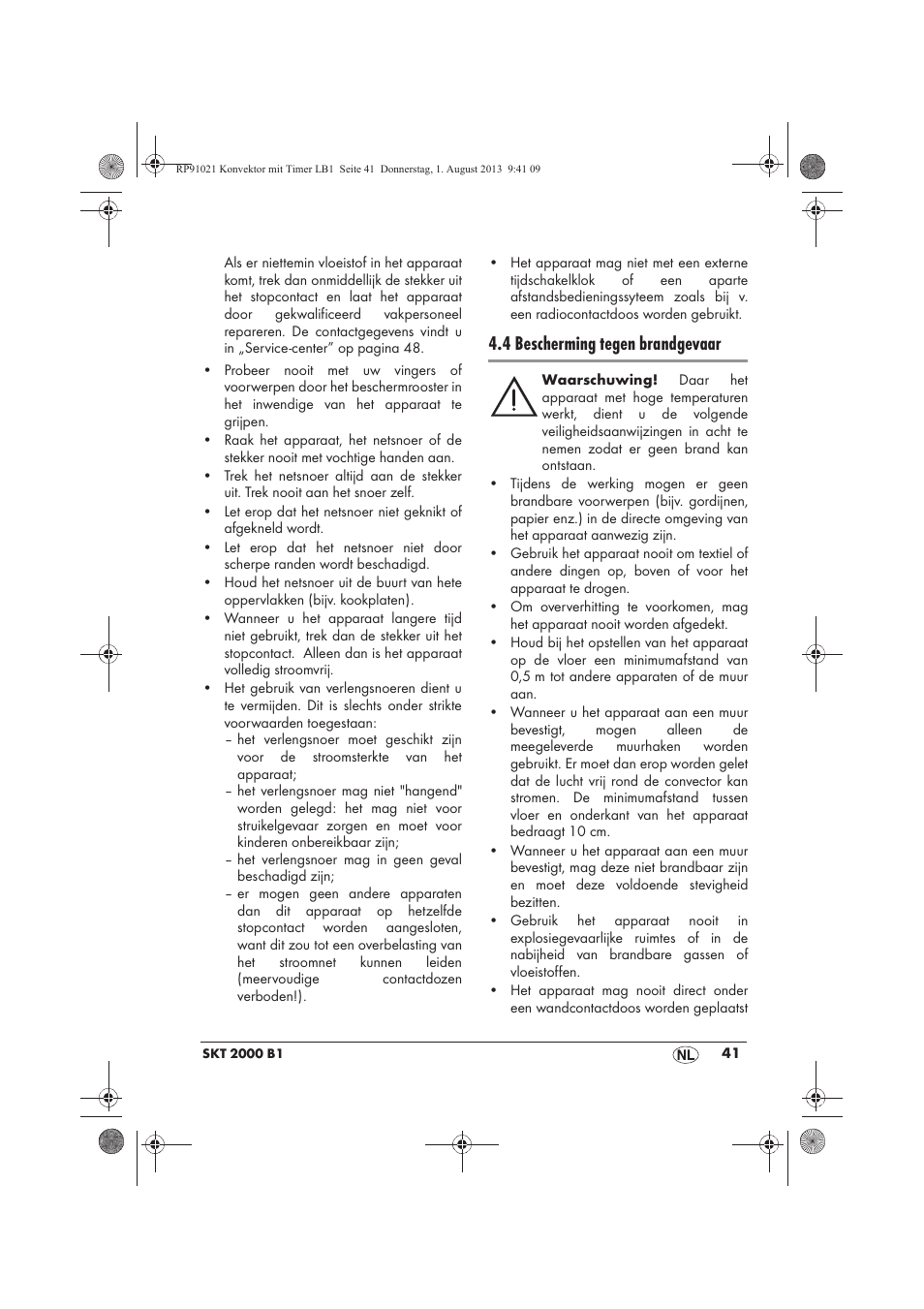 4 bescherming tegen brandgevaar | Silvercrest SKT 2000 B1 User Manual | Page 43 / 62