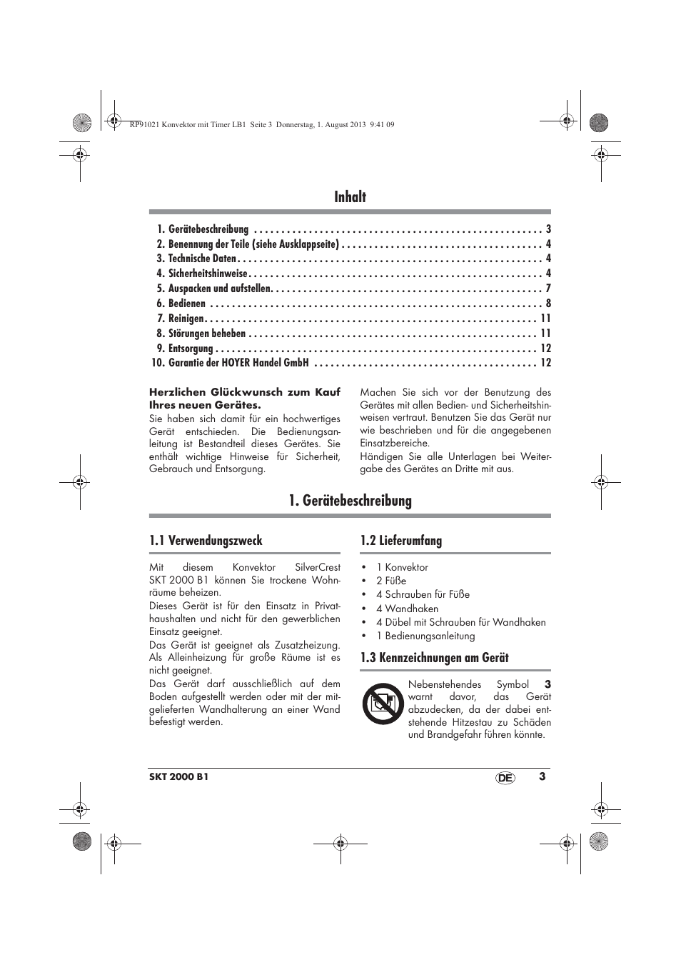 Inhalt, Gerätebeschreibung | Silvercrest SKT 2000 B1 User Manual | Page 5 / 62