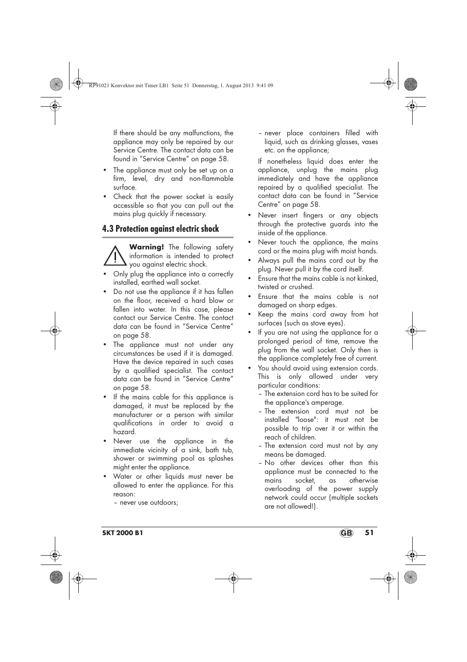 3 protection against electric shock | Silvercrest SKT 2000 B1 User Manual | Page 53 / 62