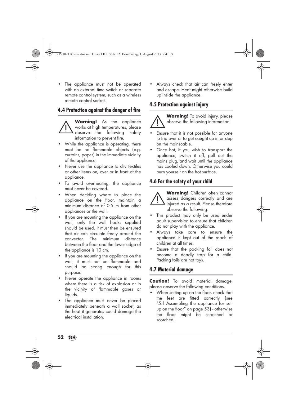 4 protection against the danger of fire, 5 protection against injury, 6 for the safety of your child | 7 material damage | Silvercrest SKT 2000 B1 User Manual | Page 54 / 62