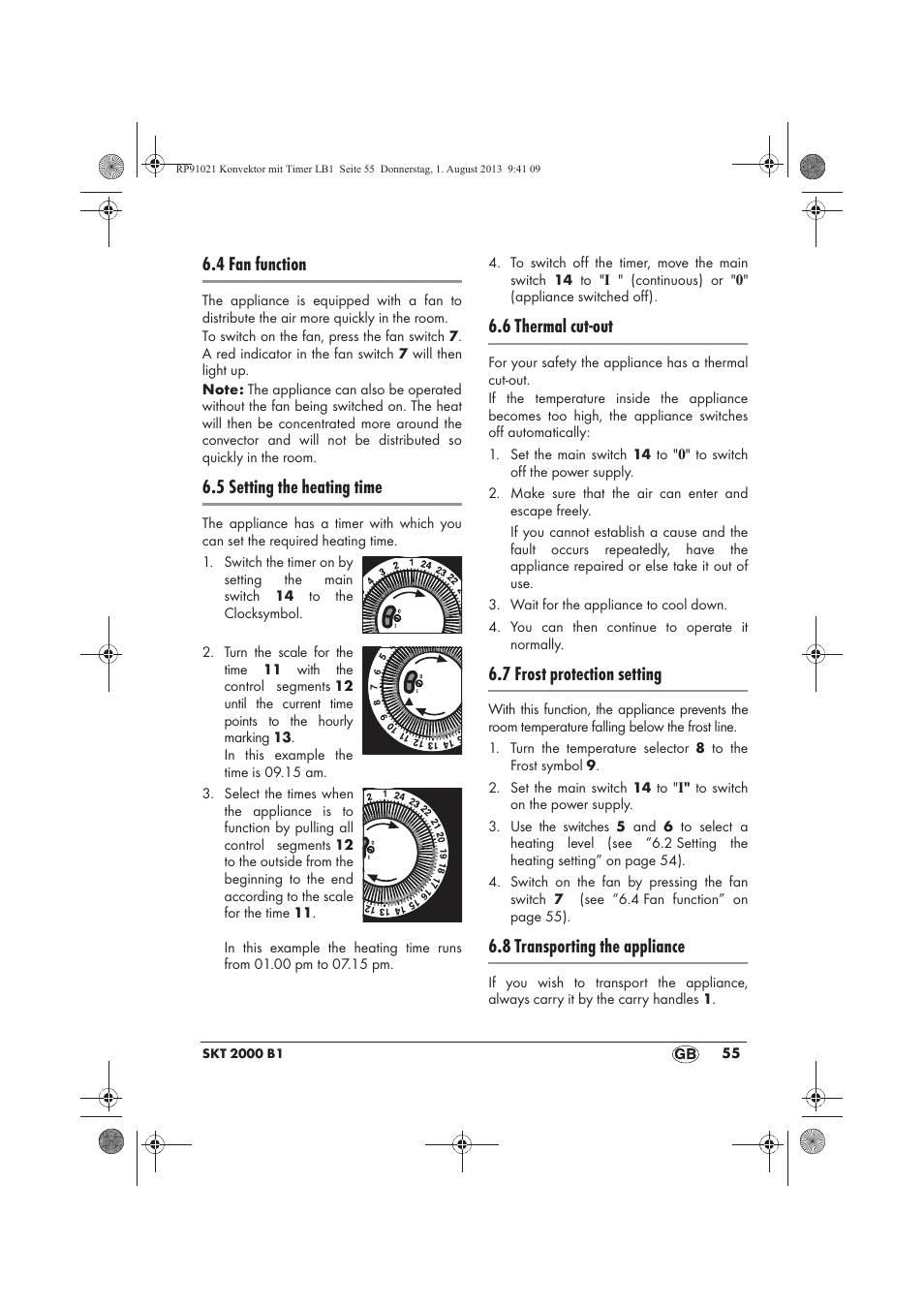 4 fan function, 5 setting the heating time, 6 thermal cut-out | 7 frost protection setting, 8 transporting the appliance | Silvercrest SKT 2000 B1 User Manual | Page 57 / 62