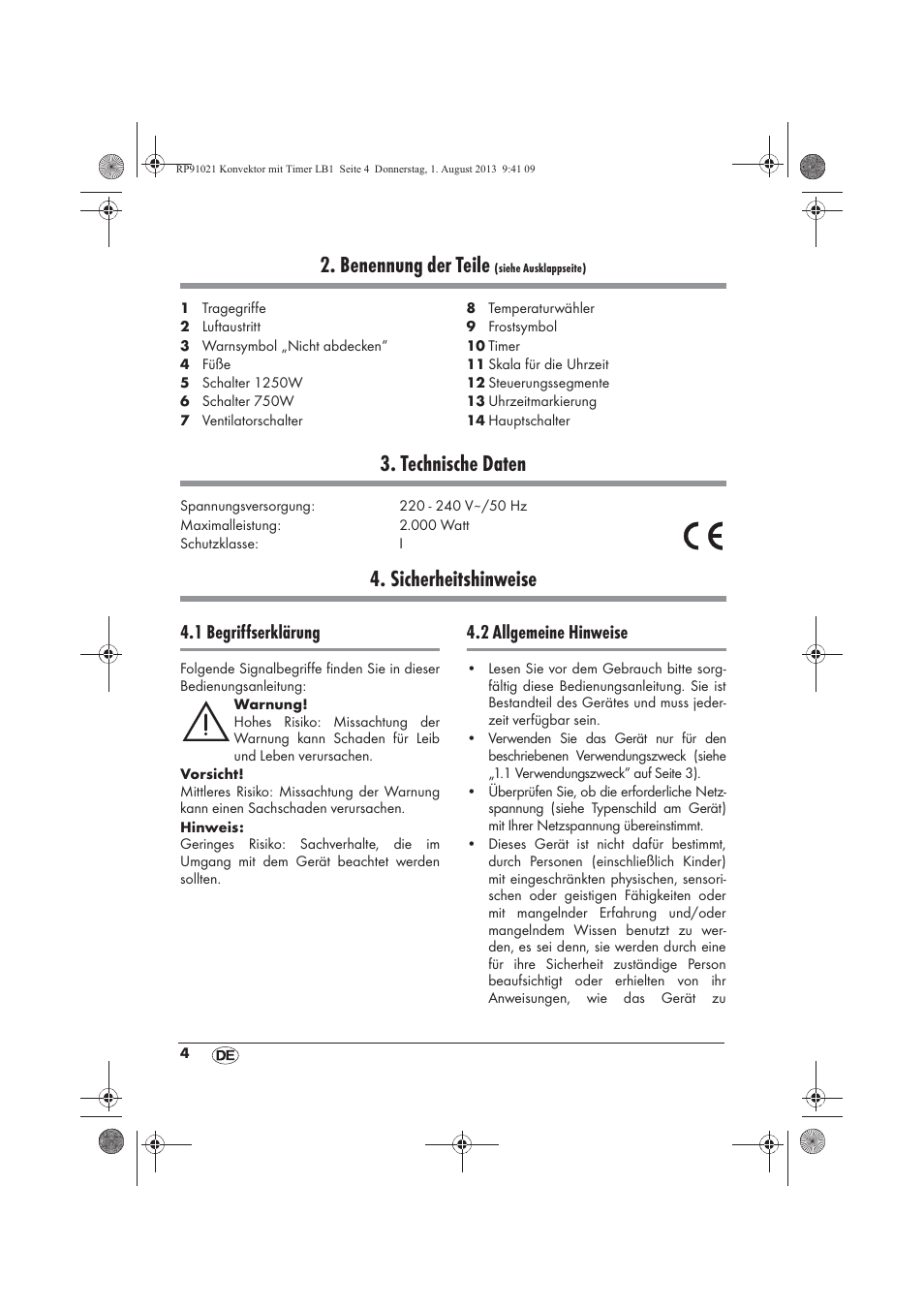 Benennung der teile, Technische daten, Sicherheitshinweise | 1 begriffserklärung, 2 allgemeine hinweise | Silvercrest SKT 2000 B1 User Manual | Page 6 / 62