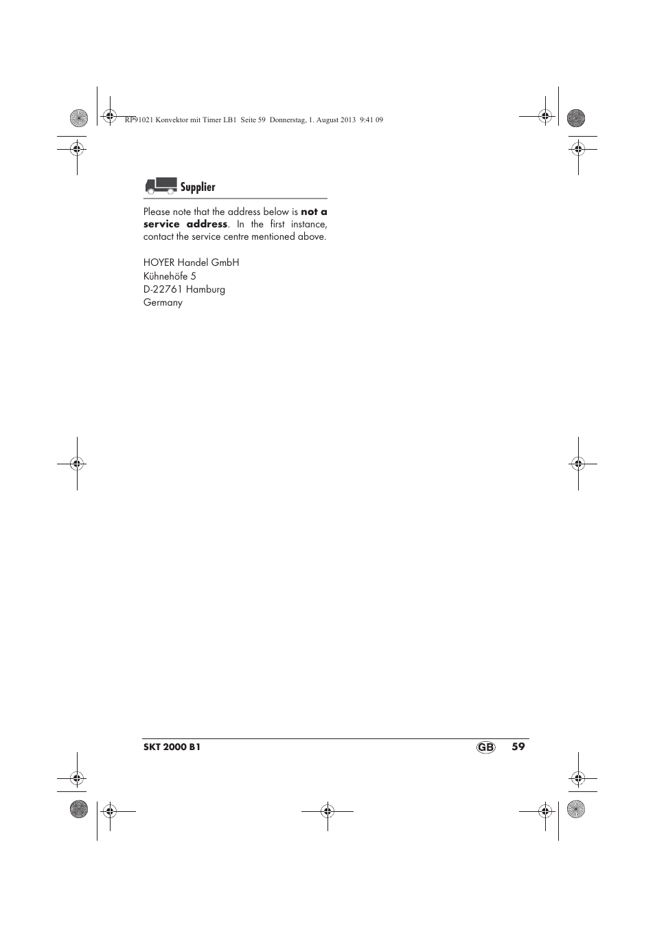 Supplier | Silvercrest SKT 2000 B1 User Manual | Page 61 / 62