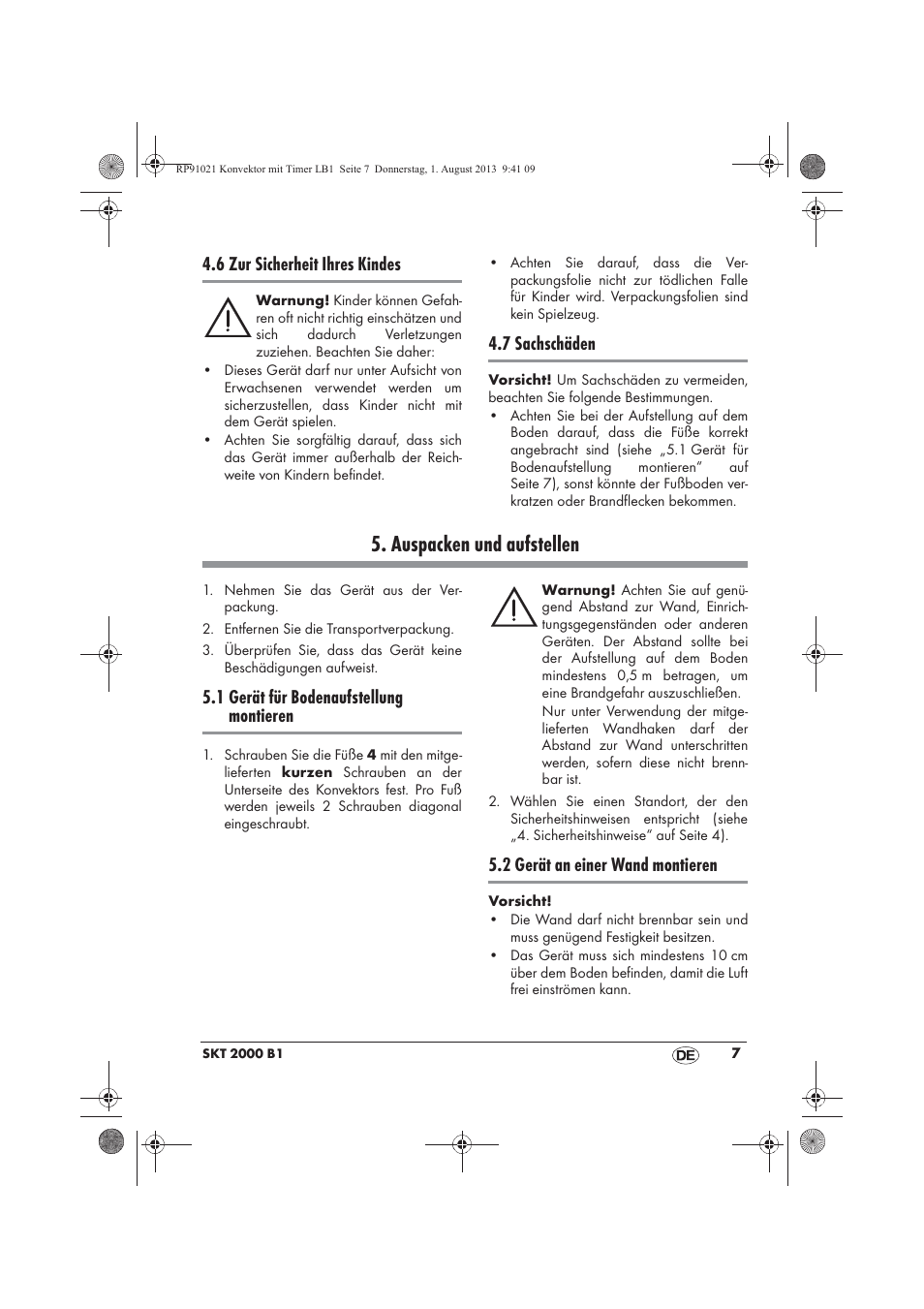 Auspacken und aufstellen, 6 zur sicherheit ihres kindes, 7 sachschäden | 1 gerät für bodenaufstellung montieren, 2 gerät an einer wand montieren | Silvercrest SKT 2000 B1 User Manual | Page 9 / 62