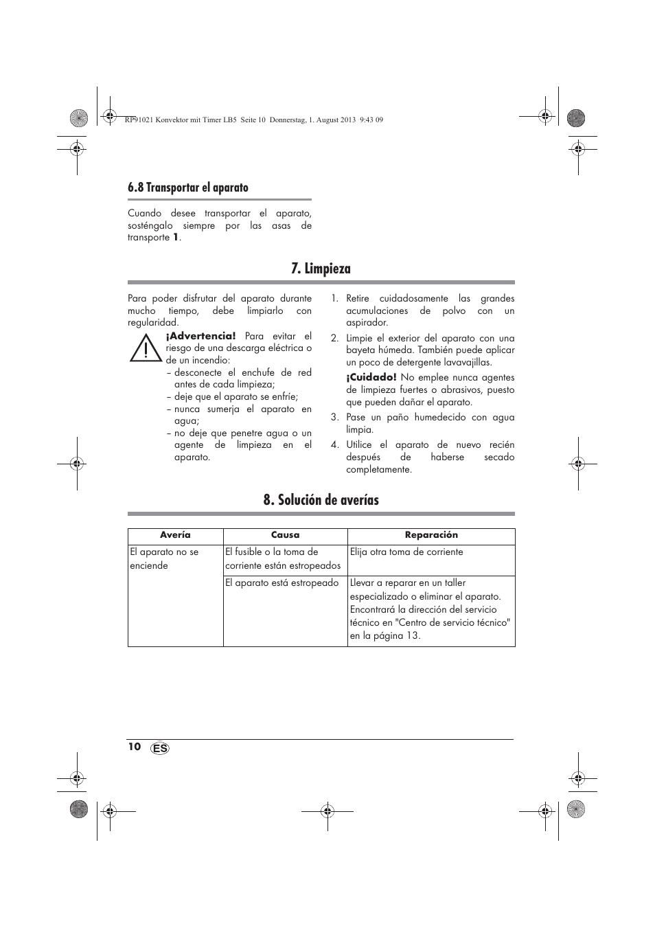 Limpieza, Solución de averías, 8 transportar el aparato | Silvercrest SKT 2000 B1 User Manual | Page 12 / 62