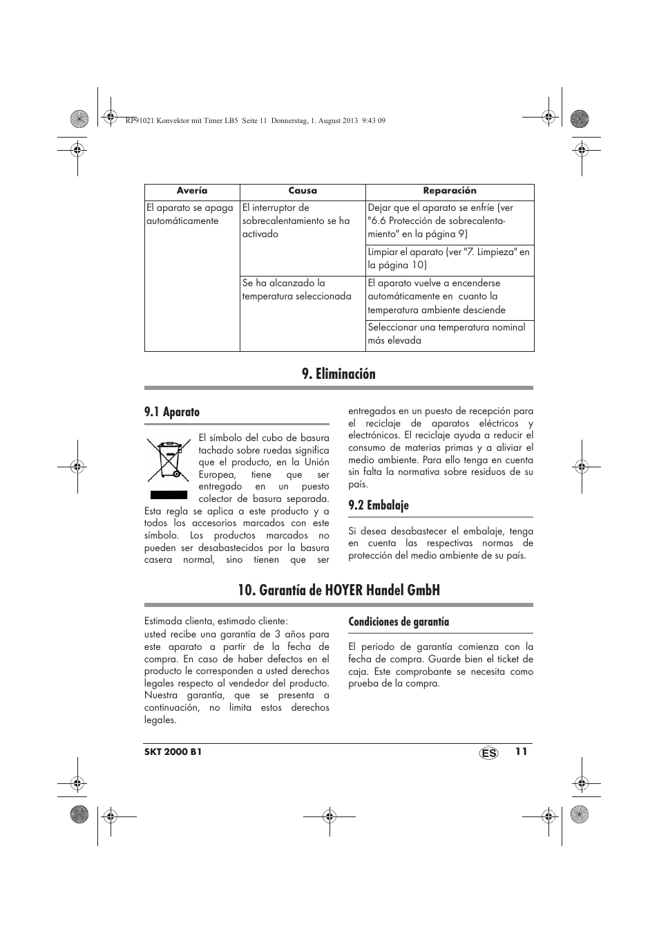 Eliminación, Garantía de hoyer handel gmbh, 1 aparato | 2 embalaje | Silvercrest SKT 2000 B1 User Manual | Page 13 / 62