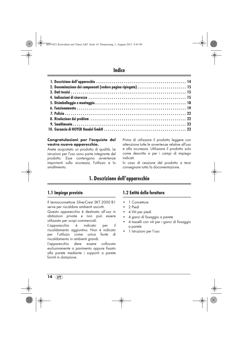 Indice, Descrizione dell’apparecchio | Silvercrest SKT 2000 B1 User Manual | Page 16 / 62