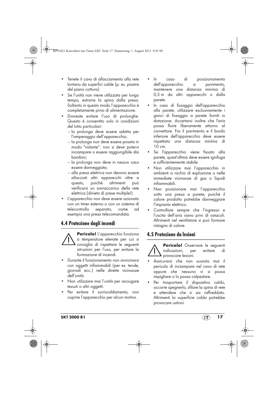 4 protezione dagli incendi, 5 protezione da lesioni | Silvercrest SKT 2000 B1 User Manual | Page 19 / 62