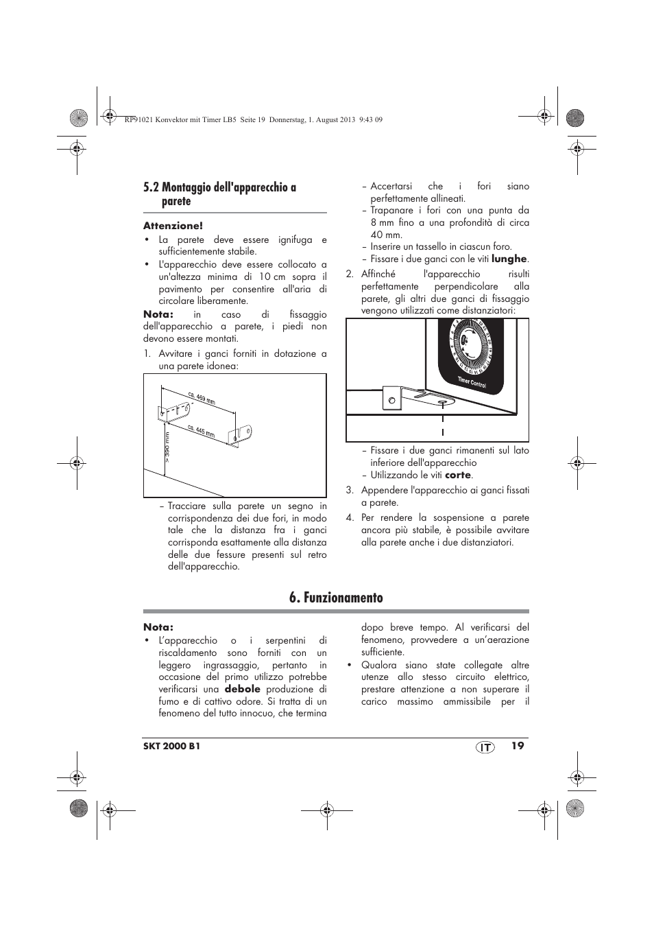 Funzionamento, 2 montaggio dell'apparecchio a parete | Silvercrest SKT 2000 B1 User Manual | Page 21 / 62