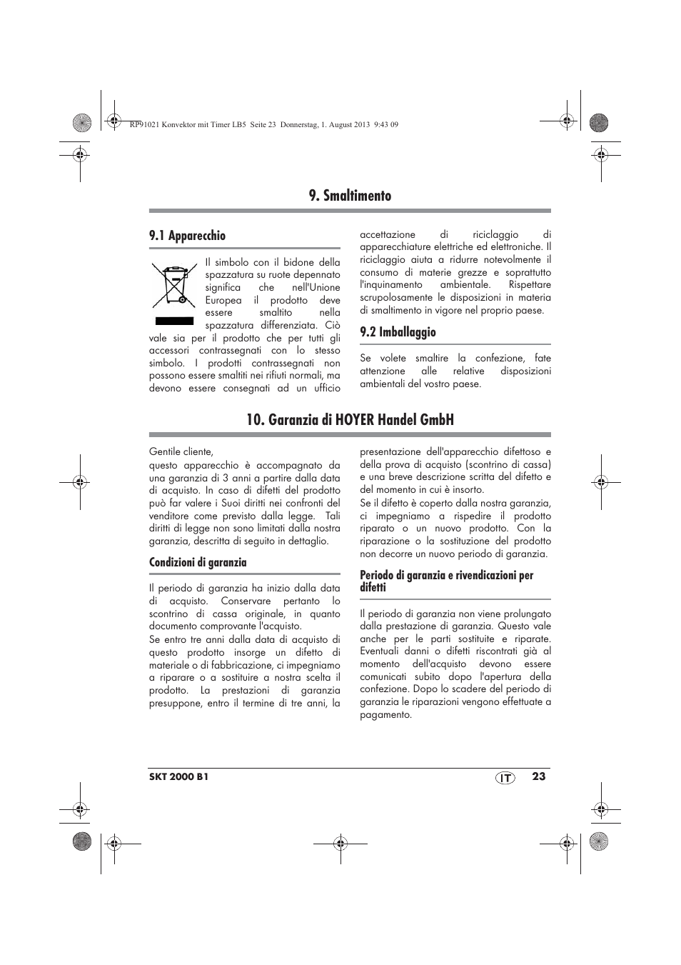 Smaltimento, Garanzia di hoyer handel gmbh | Silvercrest SKT 2000 B1 User Manual | Page 25 / 62