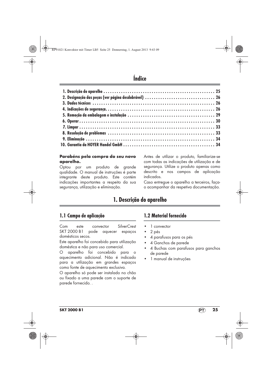 Índice, Descrição do aparelho | Silvercrest SKT 2000 B1 User Manual | Page 27 / 62