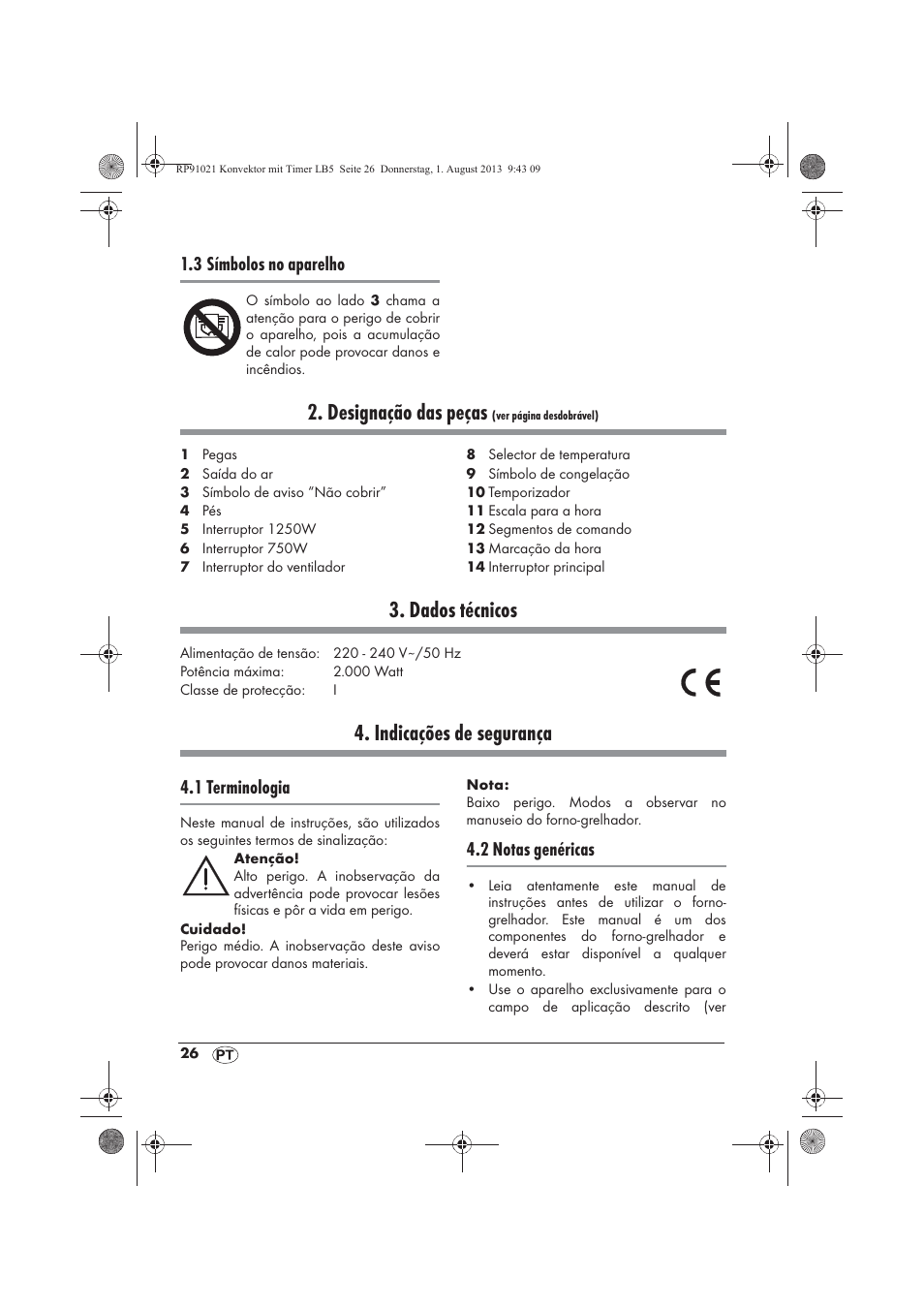 Designação das peças, Dados técnicos, Indicações de segurança | 3 símbolos no aparelho, 1 terminologia, 2 notas genéricas | Silvercrest SKT 2000 B1 User Manual | Page 28 / 62