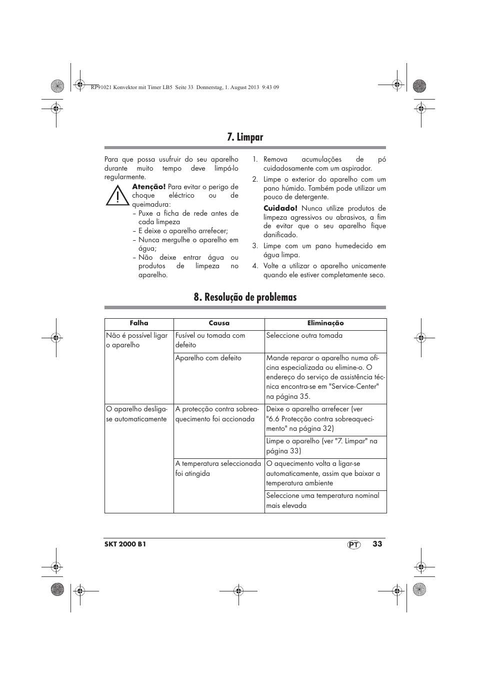 Limpar, Resolução de problemas | Silvercrest SKT 2000 B1 User Manual | Page 35 / 62