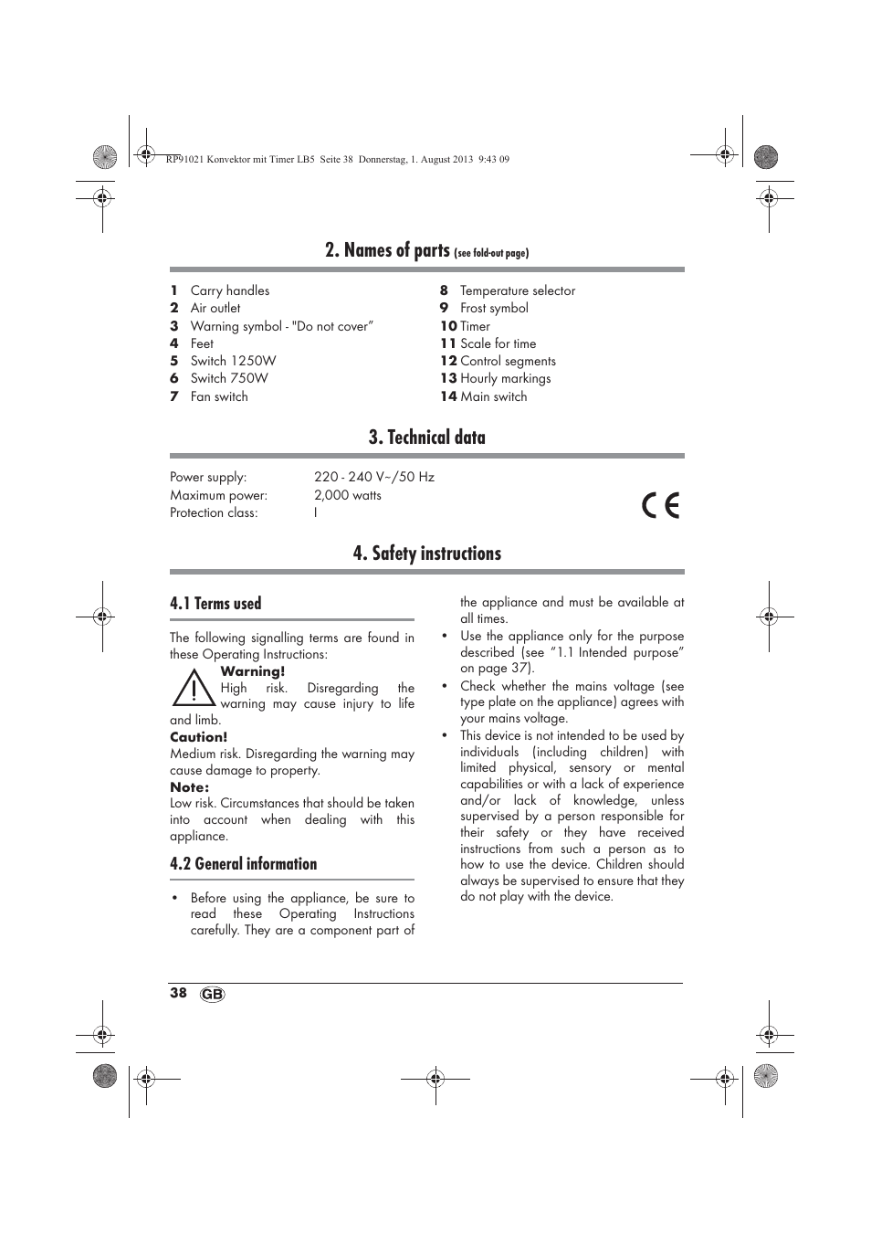 Names of parts, Technical data, Safety instructions | 1 terms used, 2 general information | Silvercrest SKT 2000 B1 User Manual | Page 40 / 62