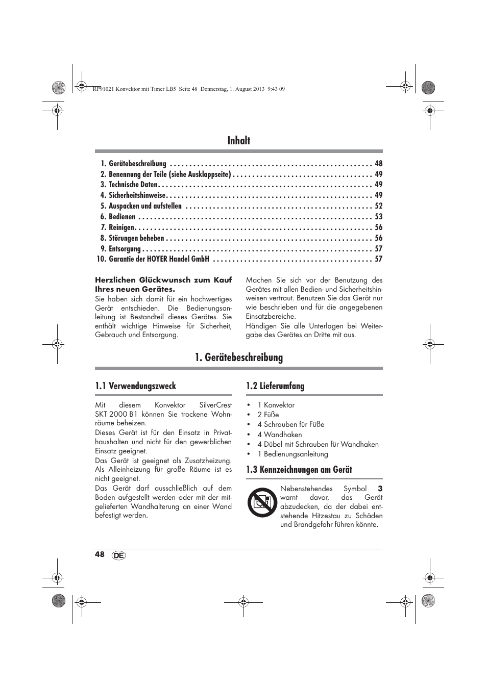 Inhalt, Gerätebeschreibung | Silvercrest SKT 2000 B1 User Manual | Page 50 / 62