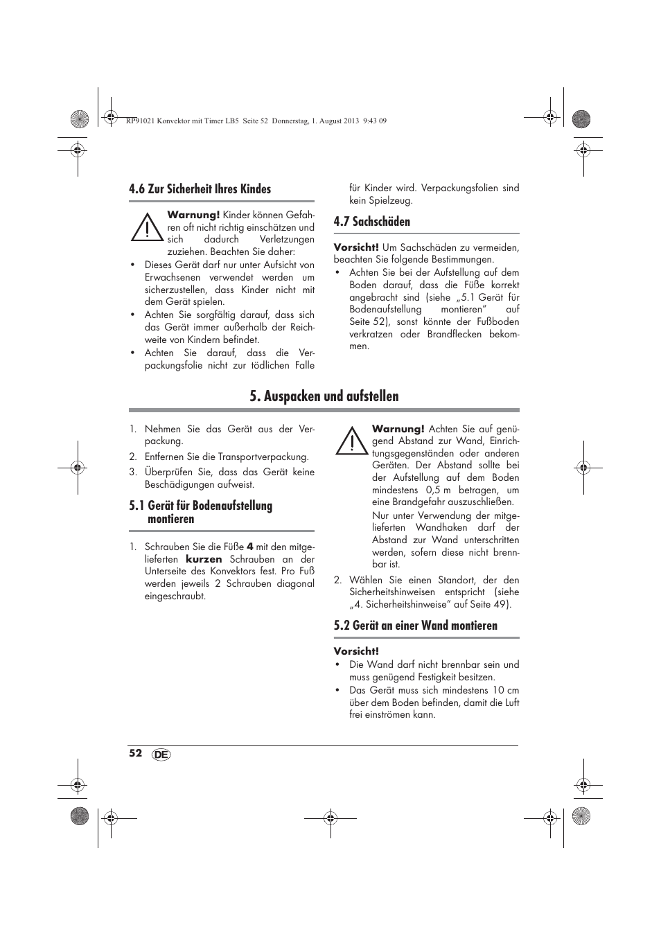 Auspacken und aufstellen, 6 zur sicherheit ihres kindes, 7 sachschäden | 1 gerät für bodenaufstellung montieren, 2 gerät an einer wand montieren | Silvercrest SKT 2000 B1 User Manual | Page 54 / 62