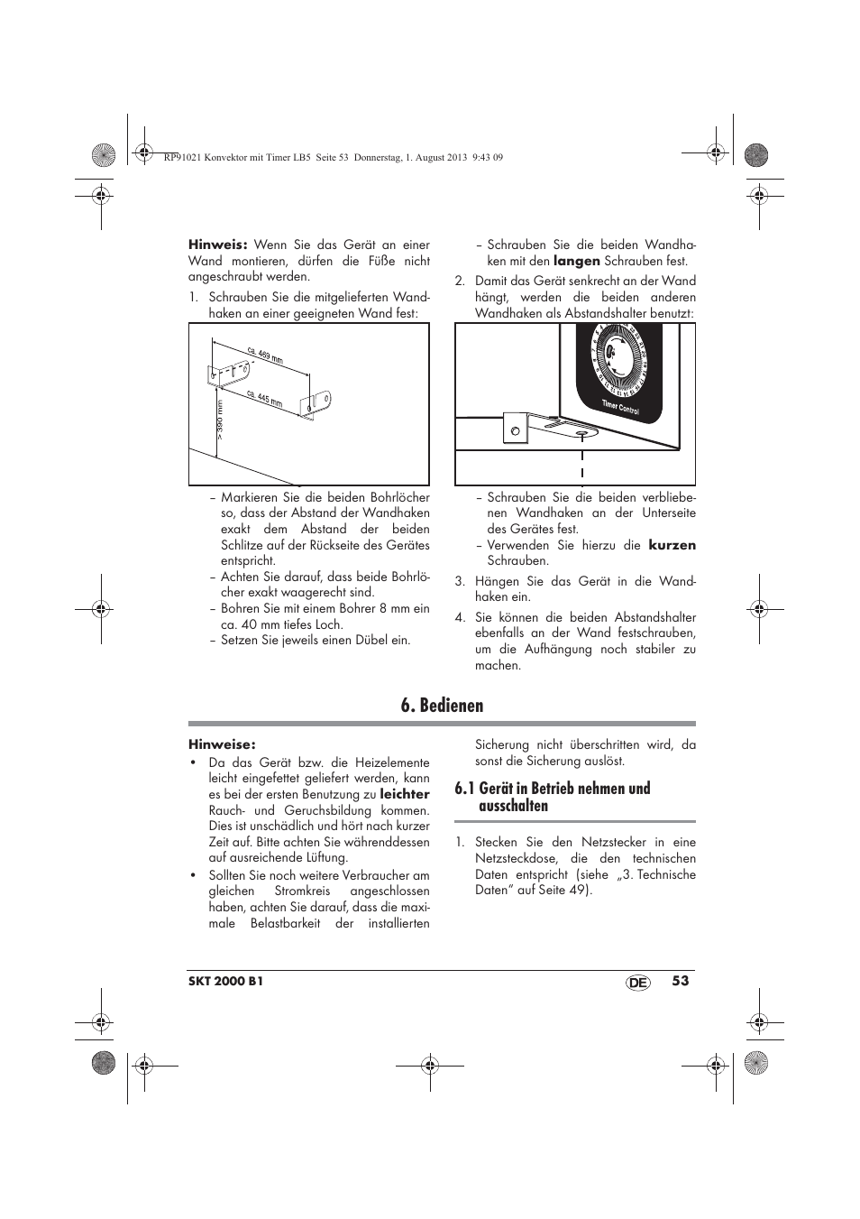 Bedienen, 1 gerät in betrieb nehmen und ausschalten | Silvercrest SKT 2000 B1 User Manual | Page 55 / 62