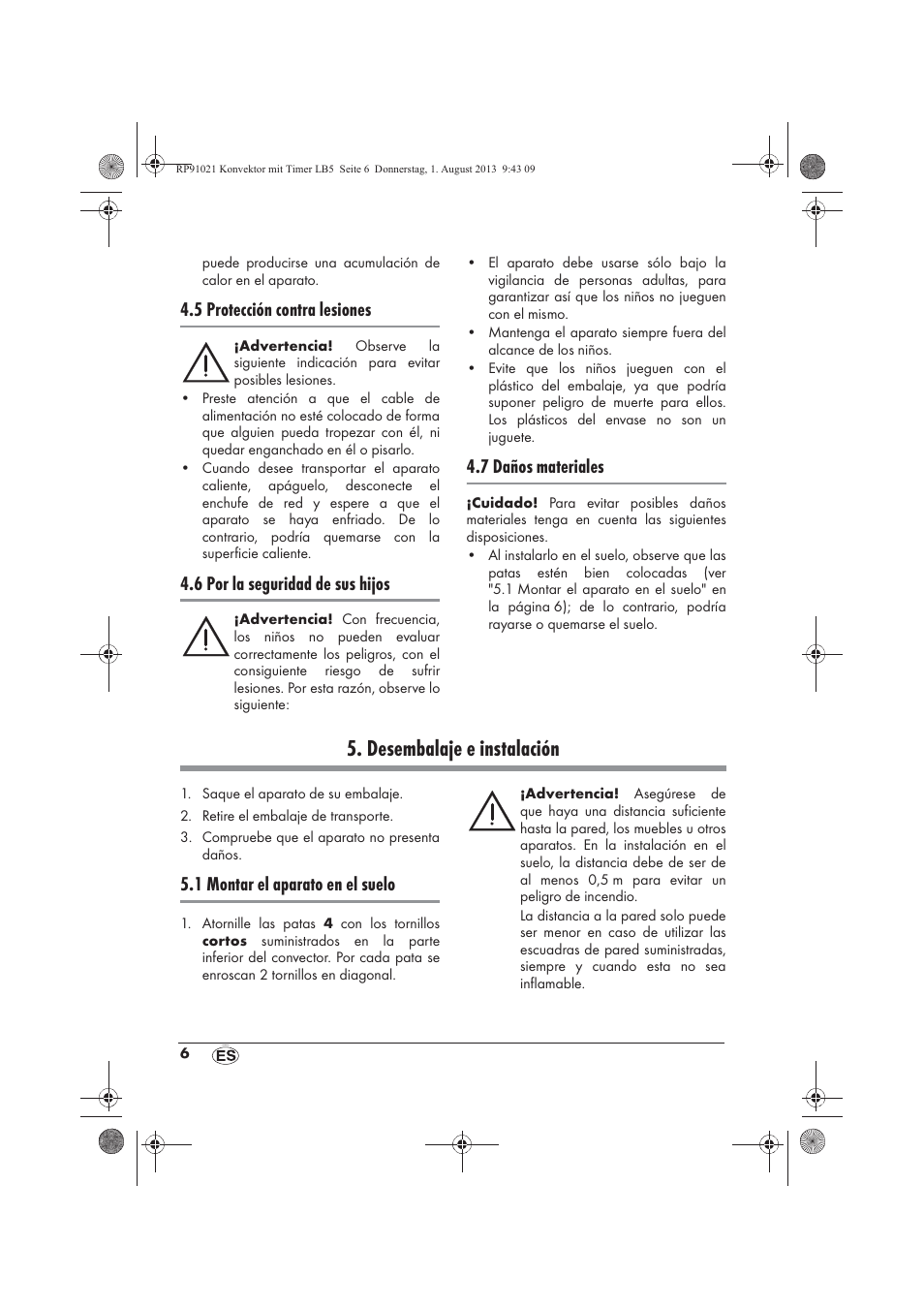 Desembalaje e instalación, 5 protección contra lesiones, 6 por la seguridad de sus hijos | 7 daños materiales, 1 montar el aparato en el suelo | Silvercrest SKT 2000 B1 User Manual | Page 8 / 62