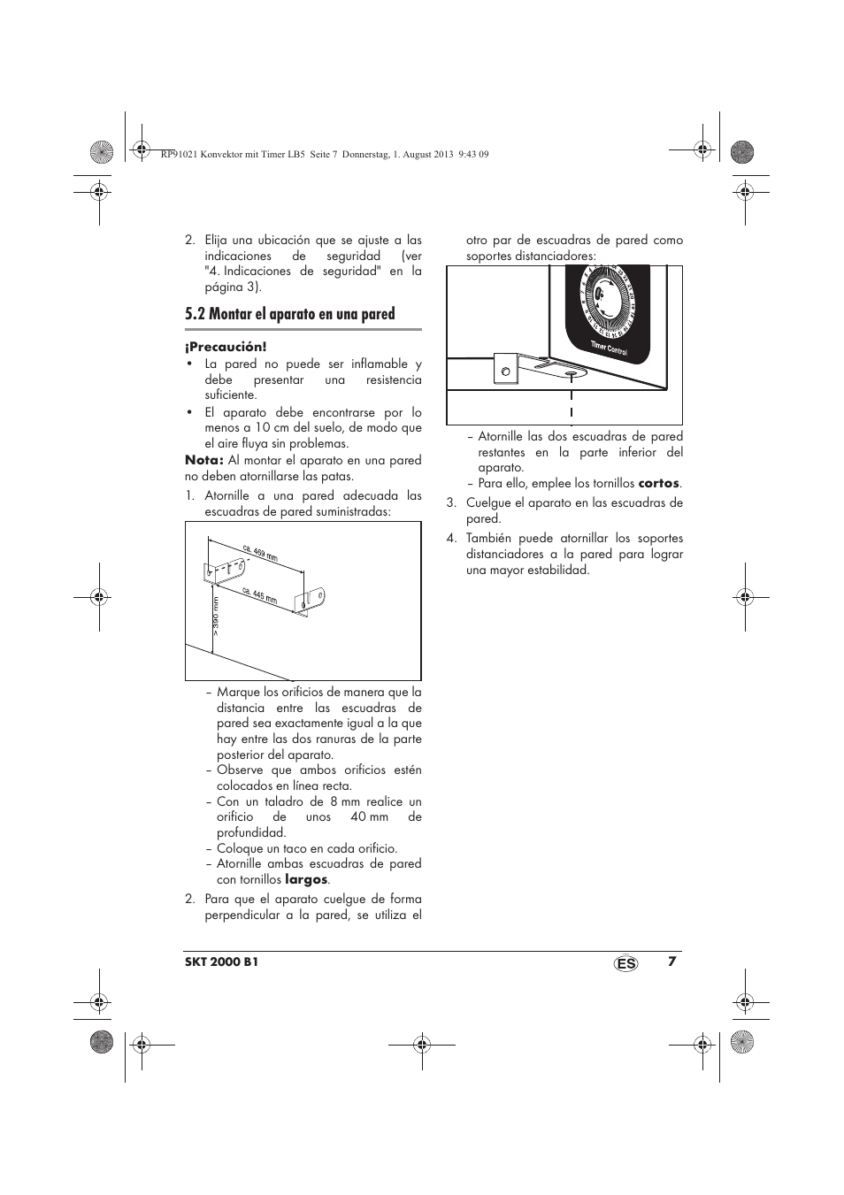 2 montar el aparato en una pared | Silvercrest SKT 2000 B1 User Manual | Page 9 / 62