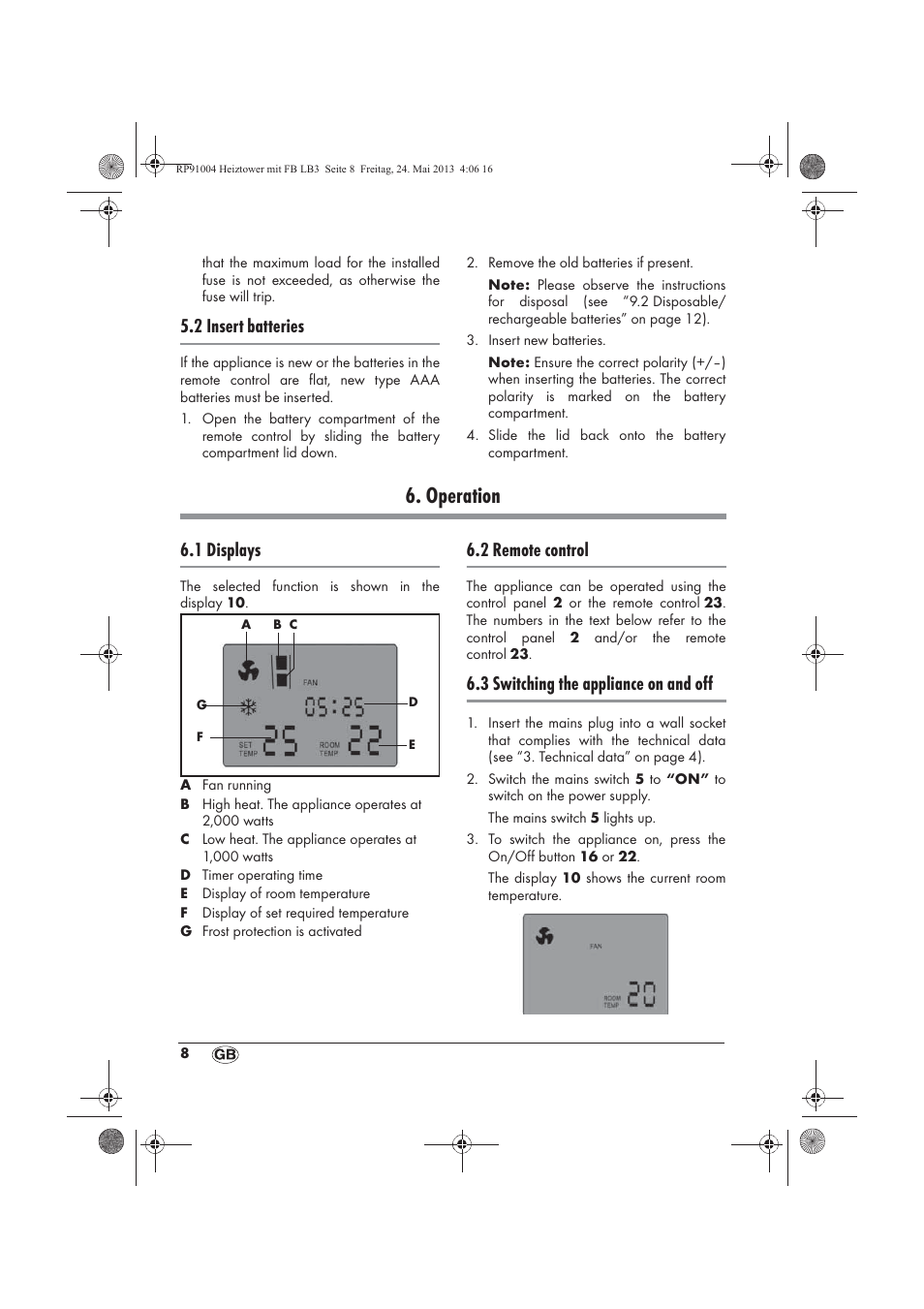 Operation, 2 insert batteries, 1 displays | 2 remote control, 3 switching the appliance on and off | Silvercrest SHT 2000 A1 User Manual | Page 10 / 90