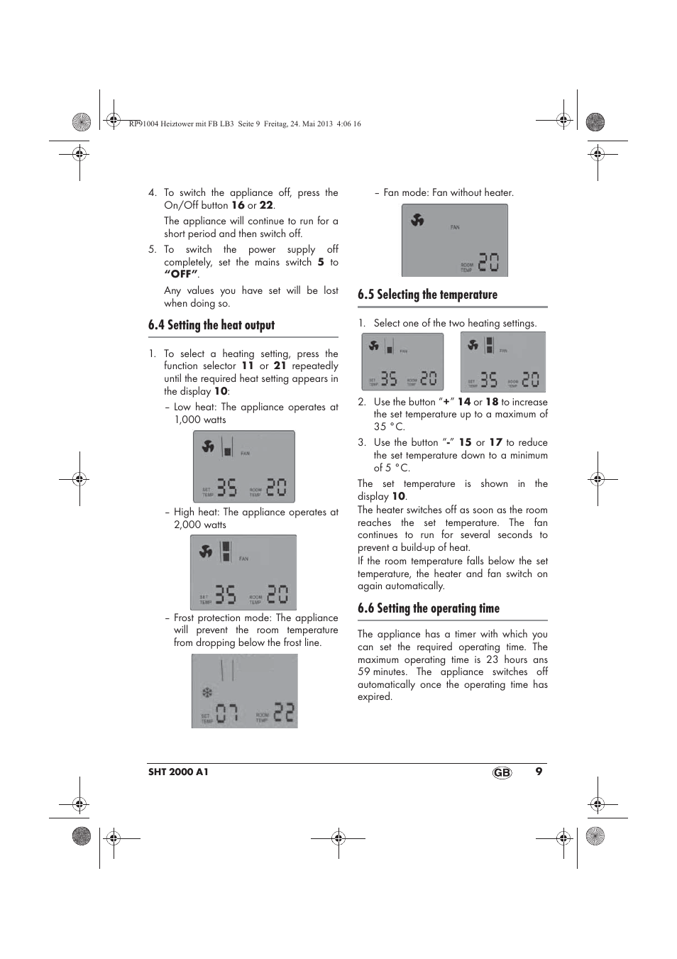 4 setting the heat output, 5 selecting the temperature, 6 setting the operating time | Silvercrest SHT 2000 A1 User Manual | Page 11 / 90