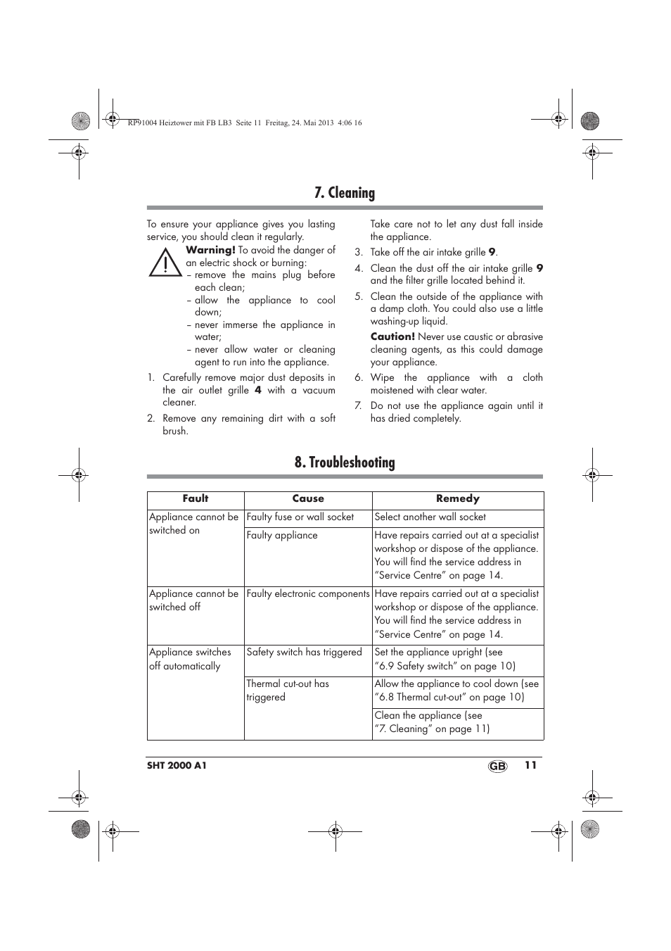 Cleaning, Troubleshooting | Silvercrest SHT 2000 A1 User Manual | Page 13 / 90