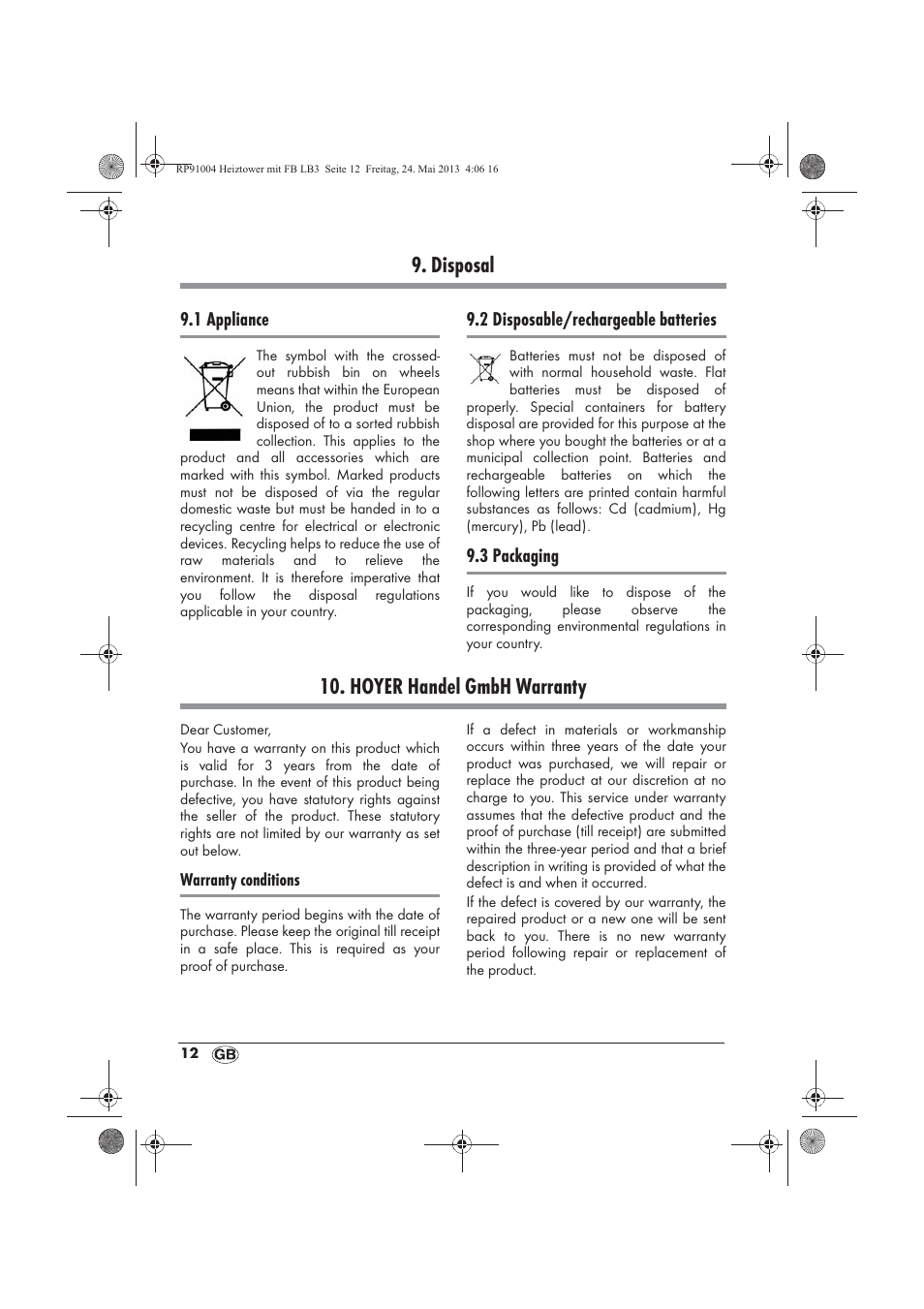 Disposal, Hoyer handel gmbh warranty | Silvercrest SHT 2000 A1 User Manual | Page 14 / 90