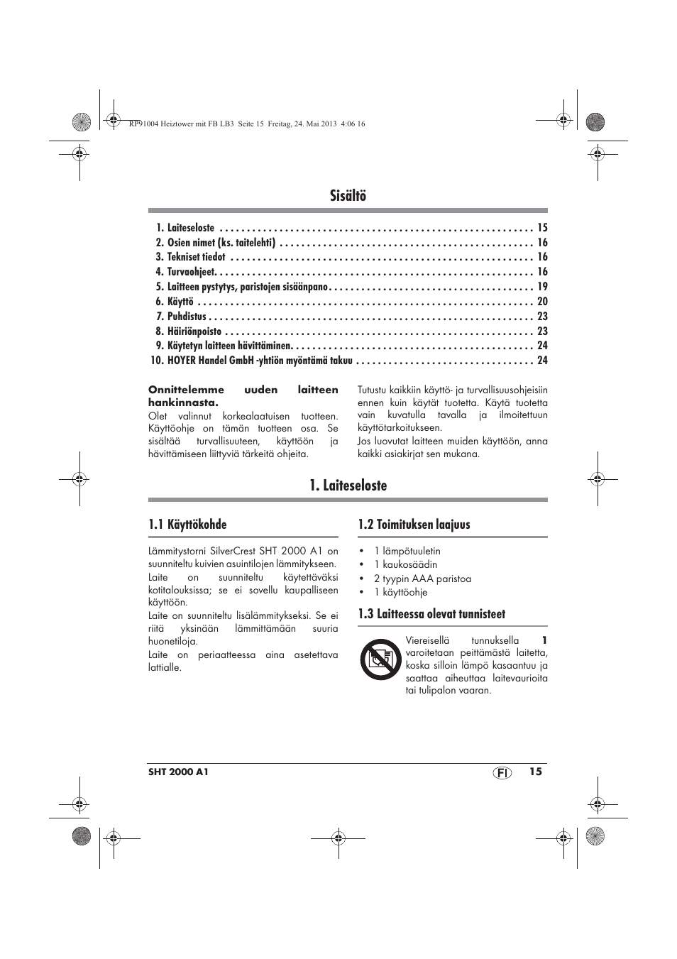 Sisältö, Laiteseloste | Silvercrest SHT 2000 A1 User Manual | Page 17 / 90