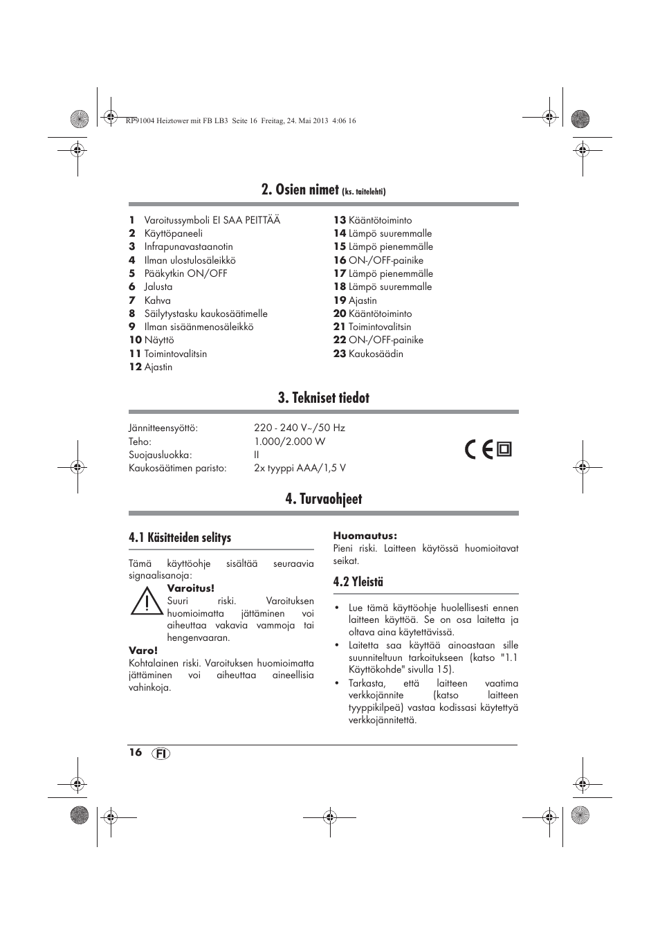 Osien nimet, Tekniset tiedot, Turvaohjeet | 1 käsitteiden selitys, 2 yleistä | Silvercrest SHT 2000 A1 User Manual | Page 18 / 90