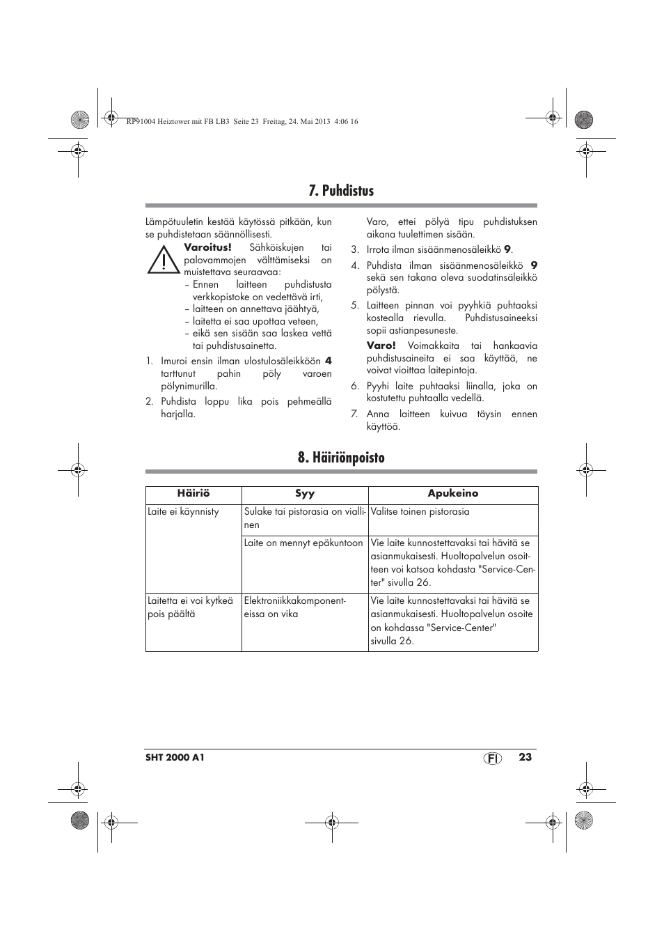 Puhdistus, Häiriönpoisto | Silvercrest SHT 2000 A1 User Manual | Page 25 / 90