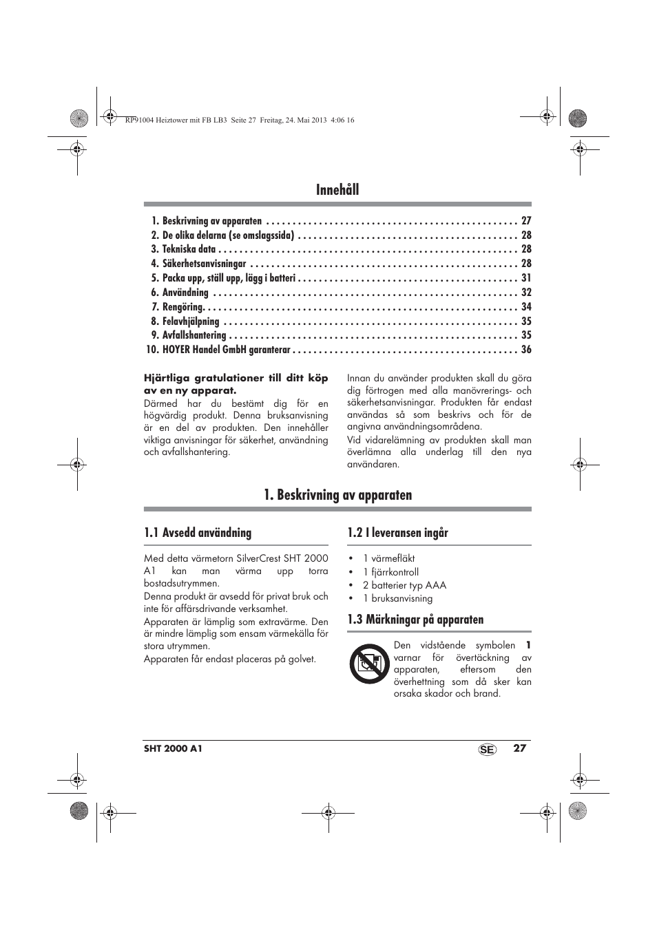 Innehåll, Beskrivning av apparaten | Silvercrest SHT 2000 A1 User Manual | Page 29 / 90
